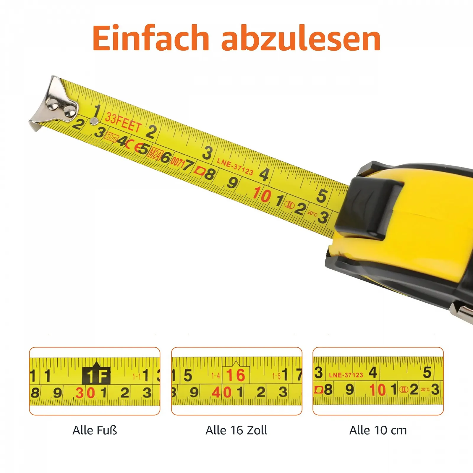Рулетка Amazon Basics самозажимная (10 м) метрическая шкала MID точность черный желтый, фото №2