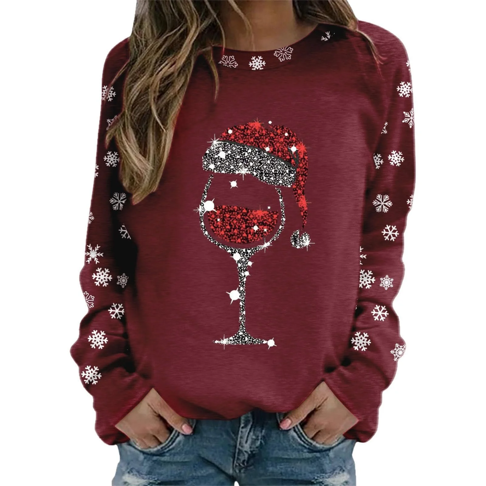 Рождественский джемпер Женская толстовка Рождественский женский зимний рождественский свитшот Рождественский джемпер с длинными рукавами с блестящим узором бокала для вина Джемпер Фестивальные топы Рождественский наряд, фото №1