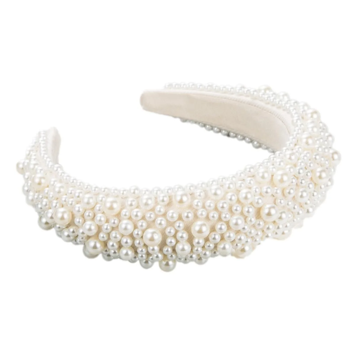 Обруч широкий для волосся з штучними перлинами, білий, фото №1