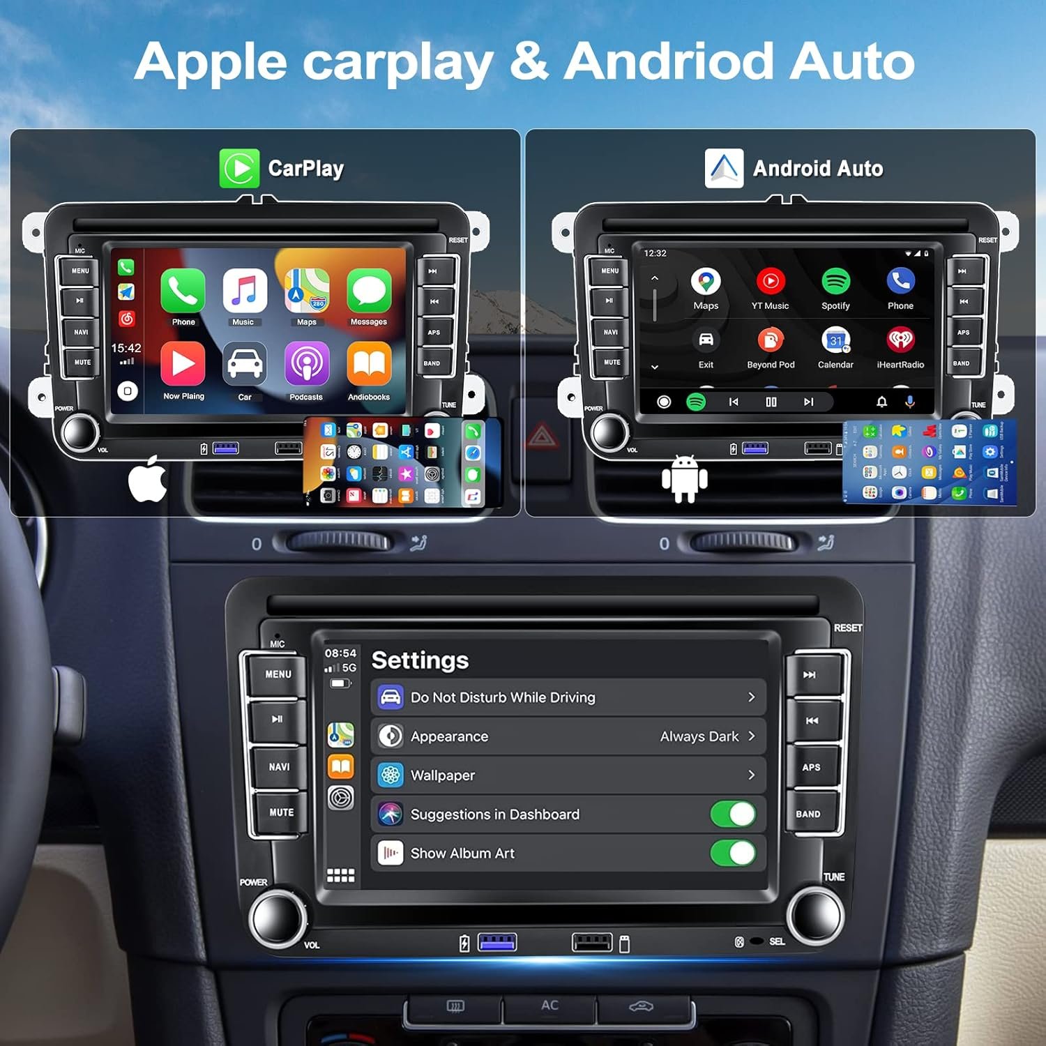 Штатна автомагнітола CAMECHO для Golf 5 6 VW Passat Polo Seat Skoda / 7" / Сенсорна / 2/64Гб / Android 13 / Apple CarPlay / Android Auto / Bluetooth / WI-FI / GPS / USB / RCA, фото №3