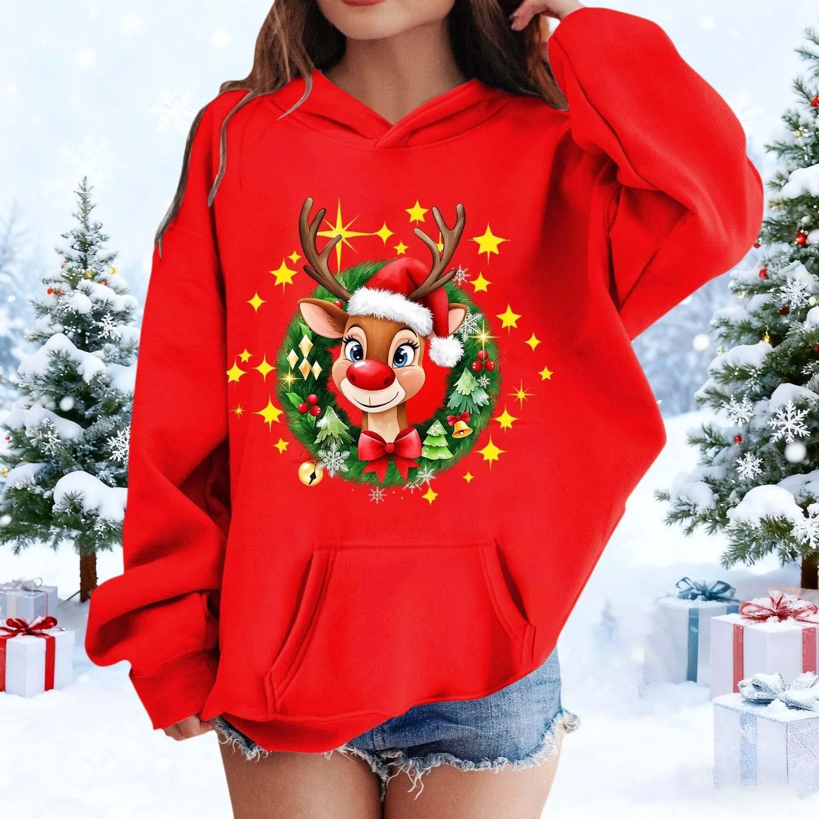 Рождественский свитер для девочки, забавный рождественский худи с капюшоном, рождественский пуловер с длинными рукавами и рождественским мотивом, уютная рождественская одежда, удобный рождественский костюм, фото №2