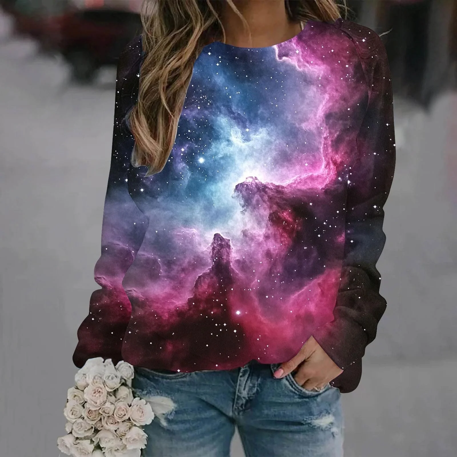 Сорочка с длинными рукавами Komiseup Galaxy Женская, с круглым вырезом, без капюшона, 3D печать галактики, Модная толстовка, большие размеры, карнавальный костюм, подростковая, девочки, Streetwear 13, фото №2