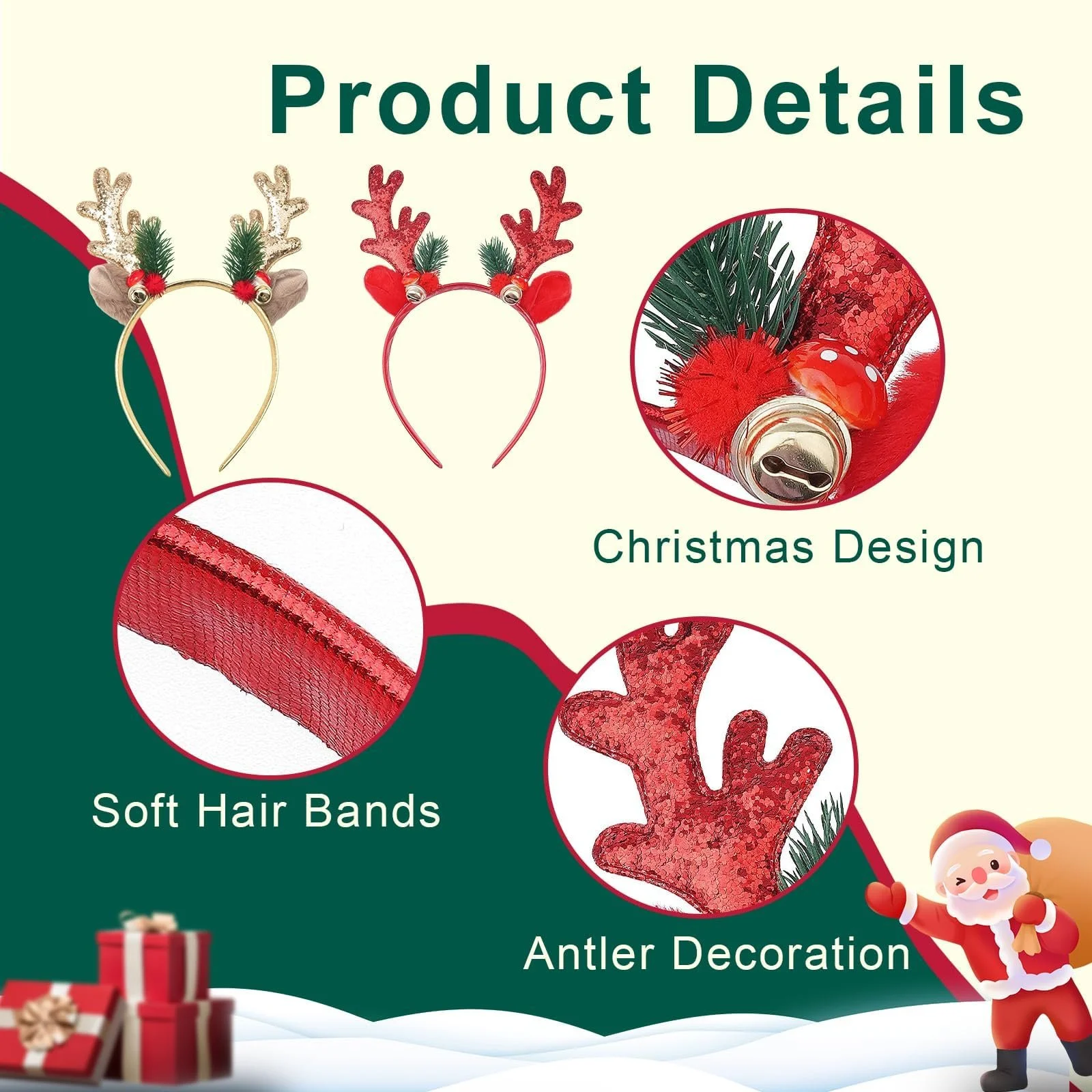 Обруч Різдвяні Оленячі Роги з Дзвіночком, 2 шт, фото №3