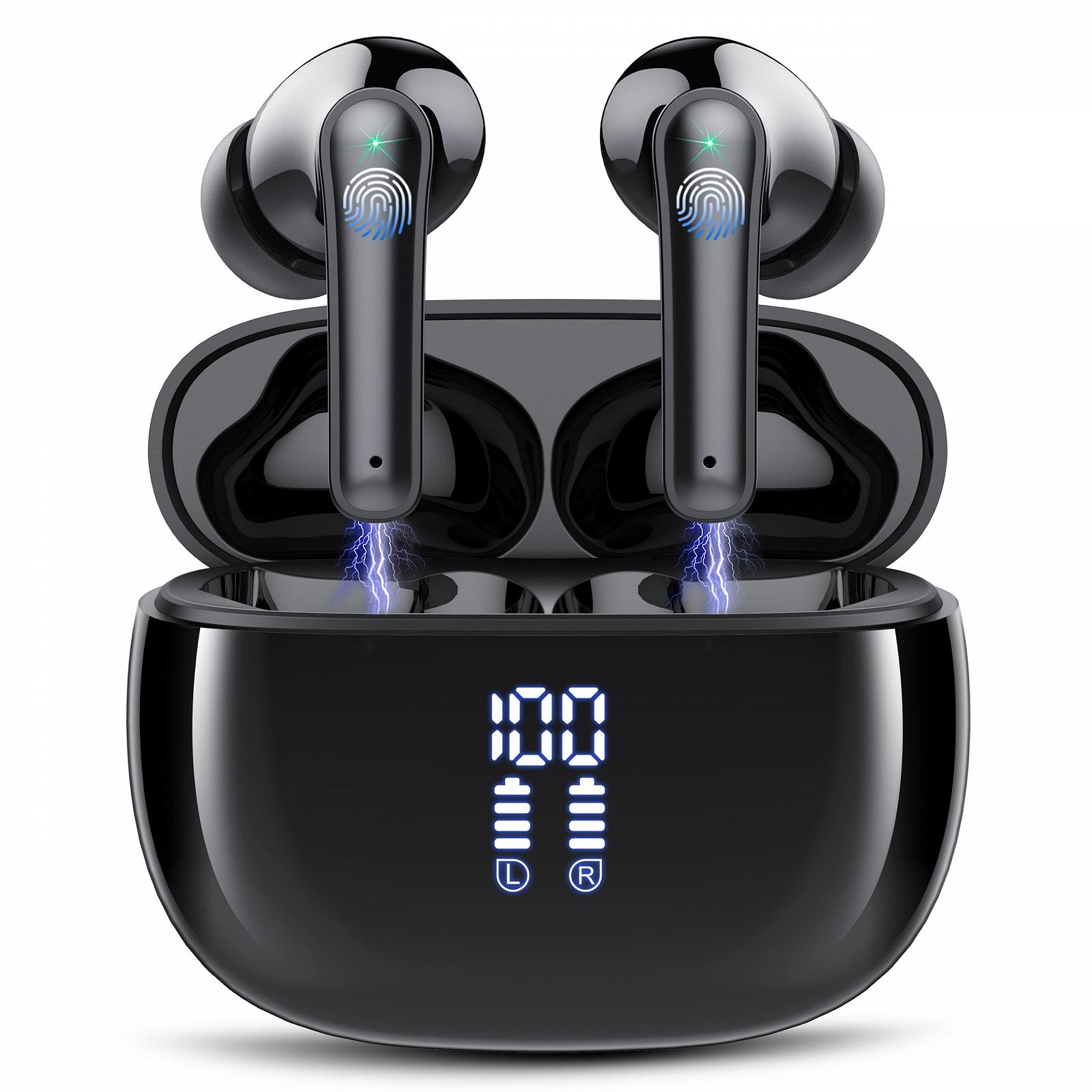 Наушники Bluetooth 5.3 с 4 HD-микрофонами 48 часов воспроизведения Глубокий бас ENC Шумоподавление Вкладыши IP7 Водонепроницаемые LED Дисплей USB-C Черный, фото №1