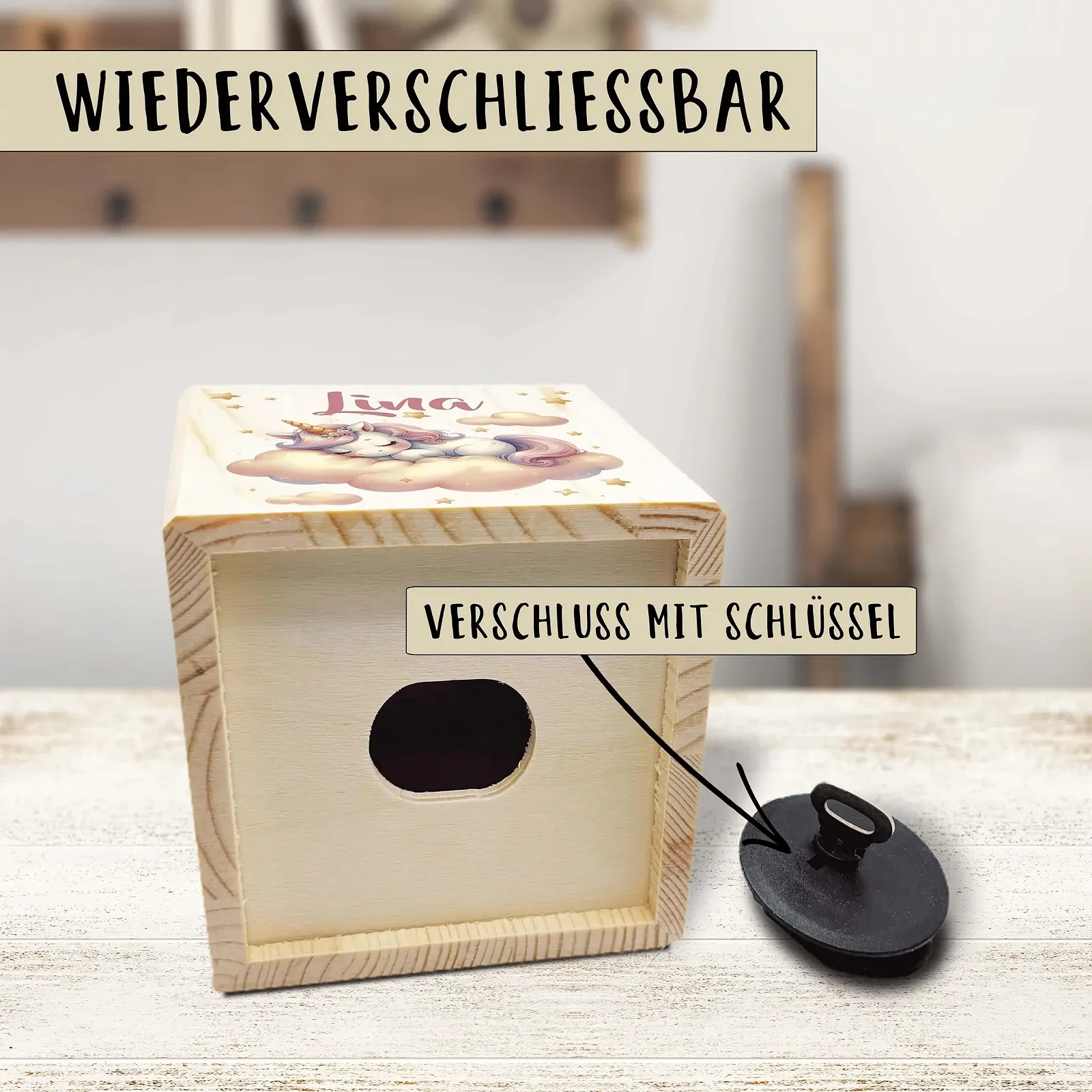 Скарбничка дерев'яна Єдиноріг Хмаринка з замком та ключем, фото №5