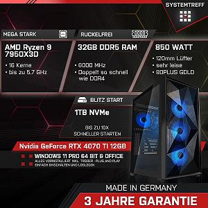 Комп'ютер SYSTEMTREFF High-End Gaming AMD Ryzen 9 7950X3D 16x5.7GHz | Nvidia GeForce RTX 4070 Ti 12GB DX12 | 1TB M.2 NVMe | 32GB DDR5 RAM | WLAN synthetic.ua - Фото 1