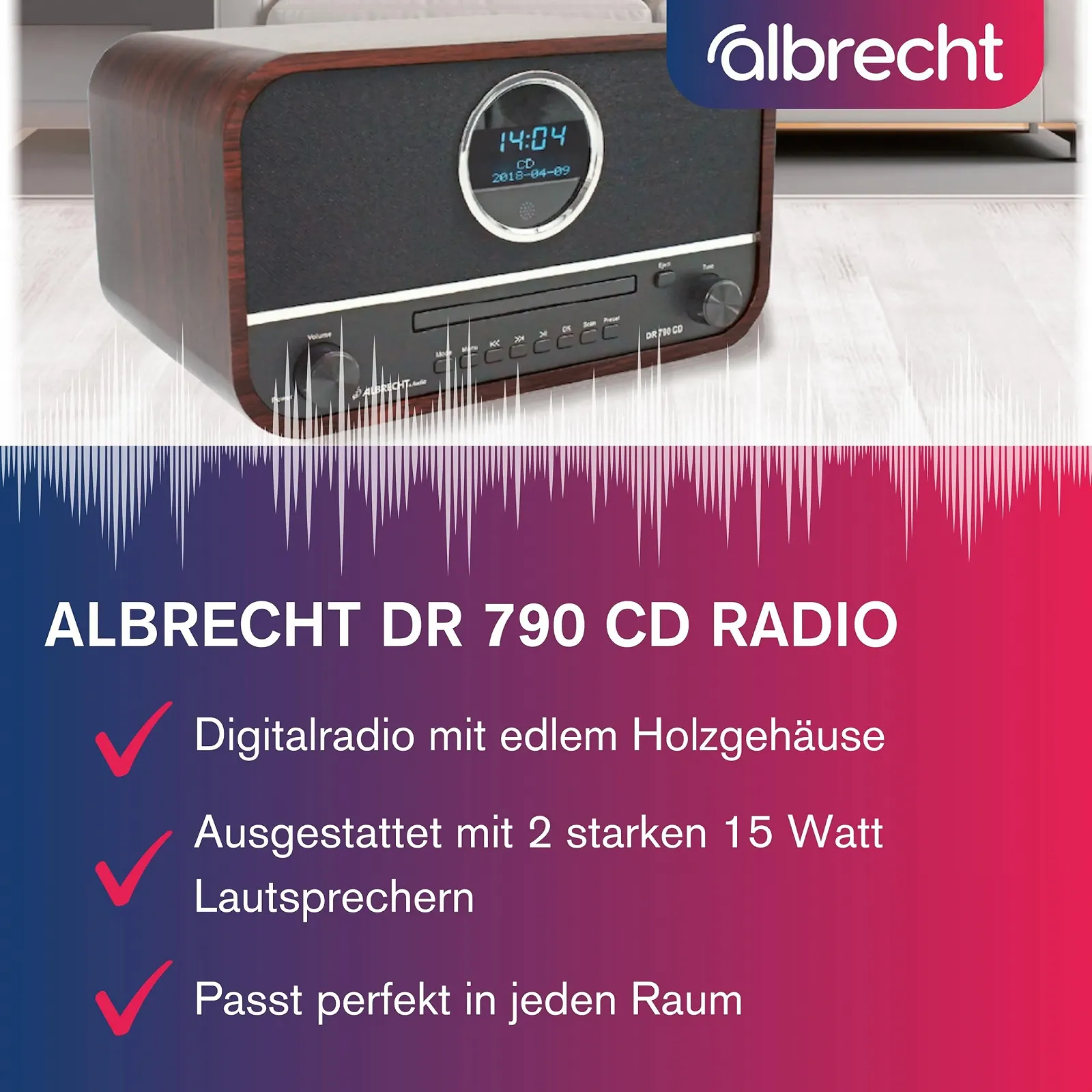 Цифровое радио DAB+ Albrecht DR790CD, 27790, многофункциональное, включая CD-проигрыватель и Bluetooth, темно-коричневый деревянный корпус, фото №2