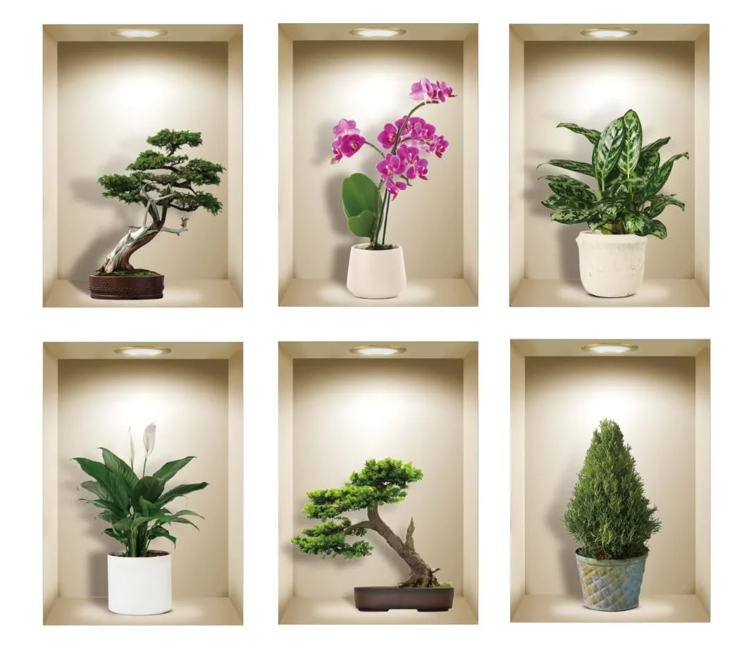 Наклейки на стіну TOARTI 3D Ваза Рослини та квіти Вінілові 6 шт. Декор для вітальні та спальні, фото №1