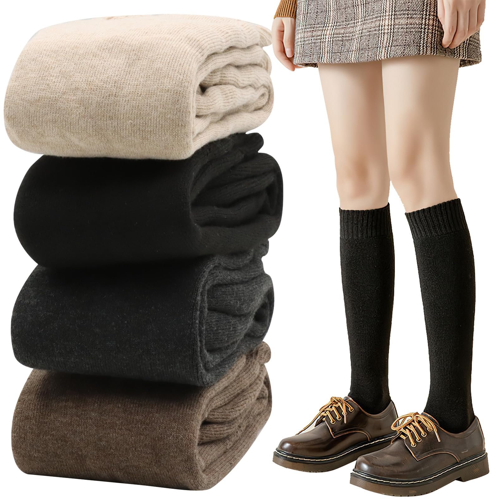Носки выше колена VEGCOO Теплые толстые, 4 пары, Женские хлопковые зимние, Вязаные чулки, Вязаные носки выше колена, черный, фото №1