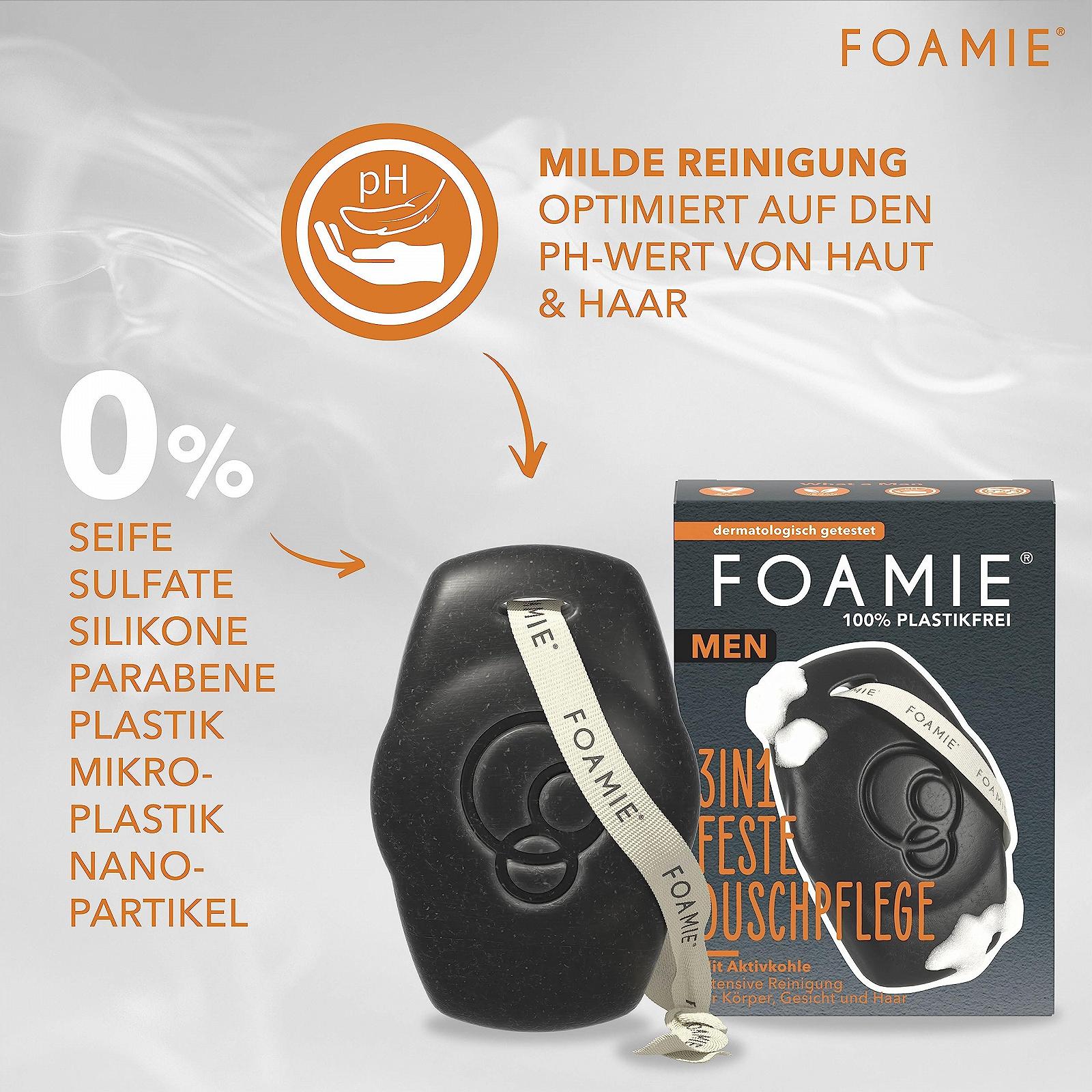 Твердий гель для душу та шампунь Foamie для чоловіків 3-в-1 з активованим вугіллям та рожевим деревом 90 г, фото №3