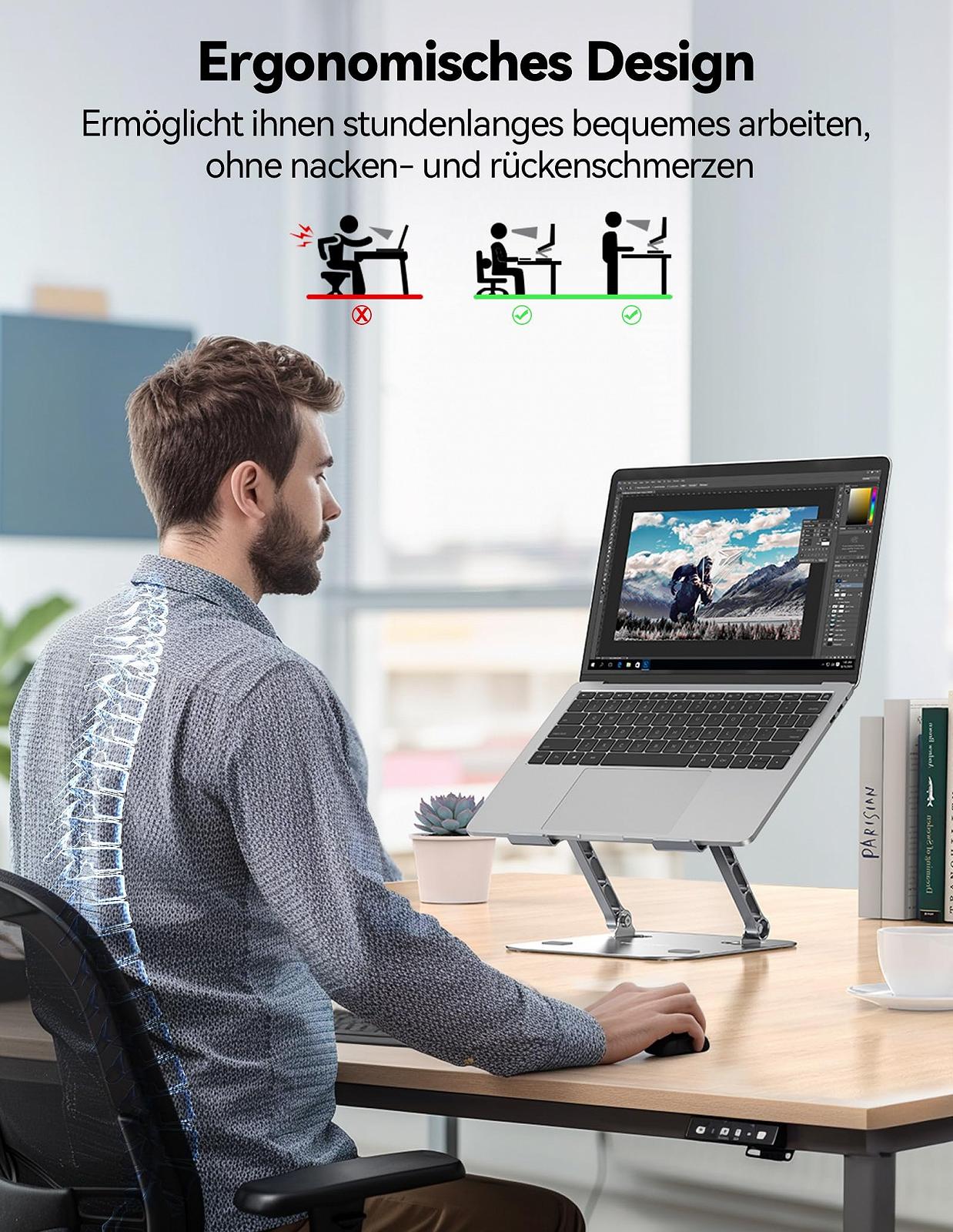 Подставка для ноутбука TECKNET Регулируемая по высоте и вращающаяся, Эргономичная подставка для ноутбука, Подставка для ноутбука с двойной поддержкой для MacBook Air/Pro, Lenovo, HP, Dell, 17 дюймов, Серебристая, фото №2