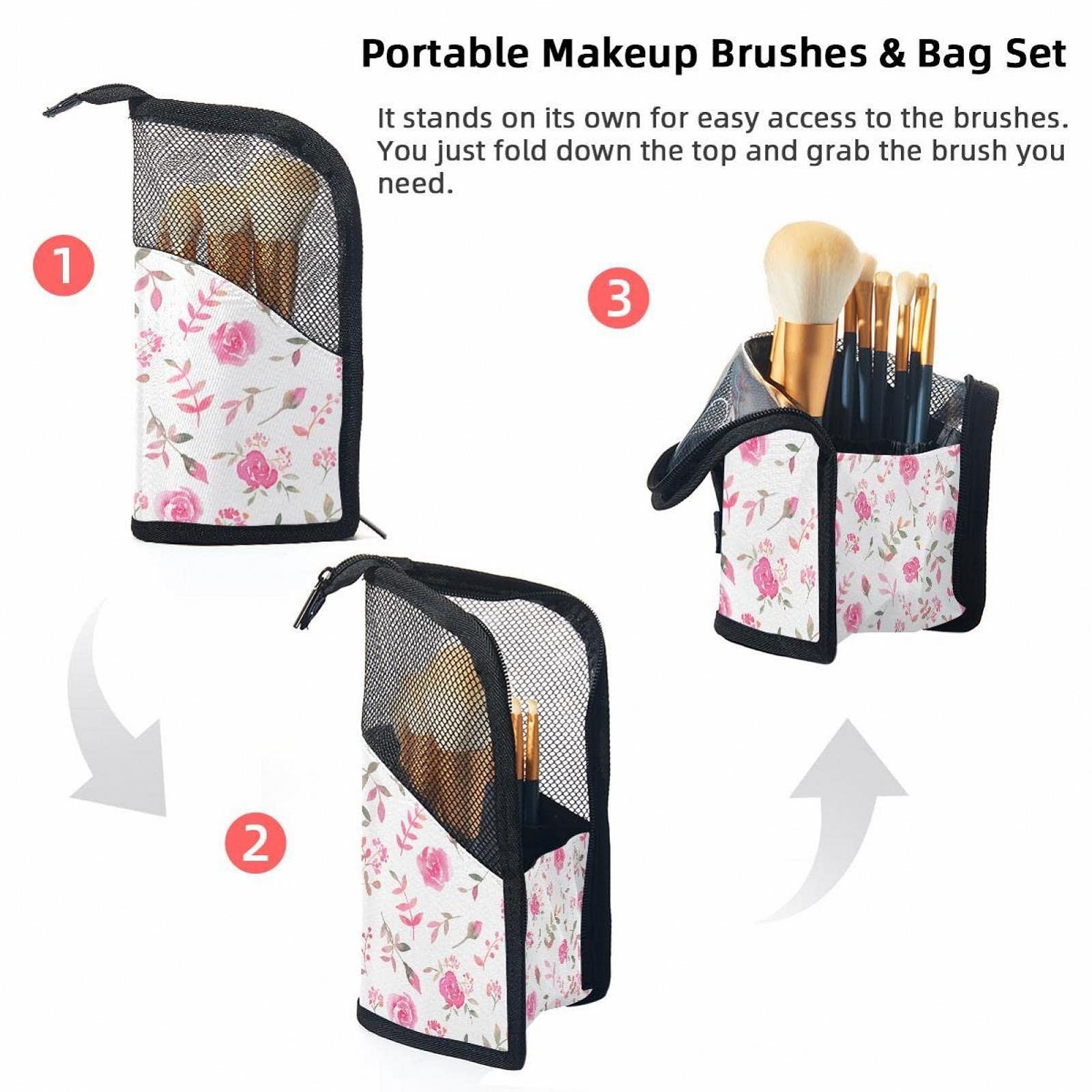 Сумка-органайзер для кистей для макияжа с 12 кистями Rose Flower Pink Flowers Portable, цветная - 3334, фото №2