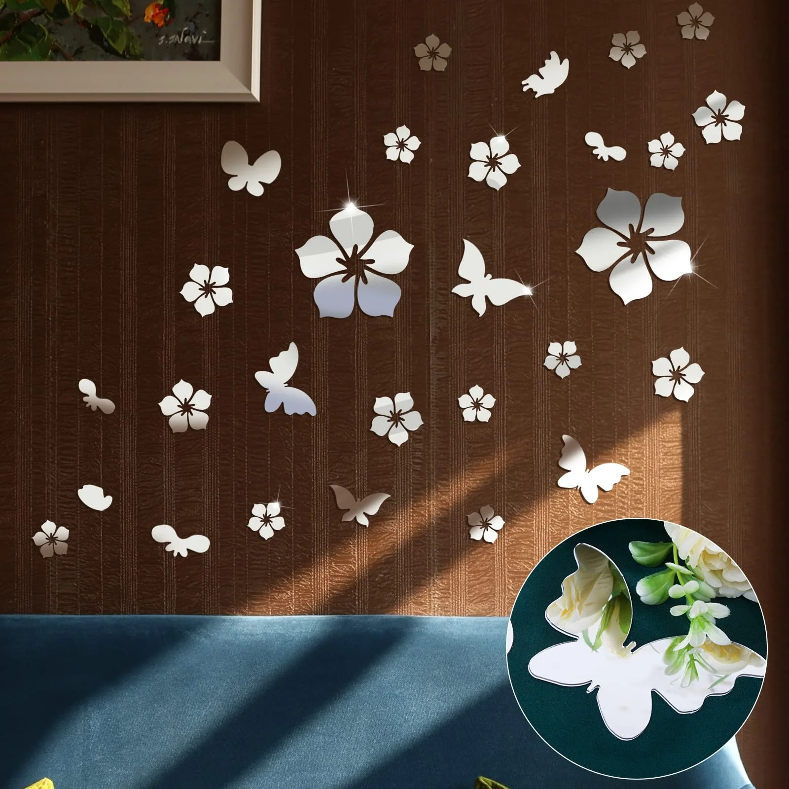 Наклейки на стіну Акрилові квіти та метелики 28 шт. 3D Mirror Silver, фото №6