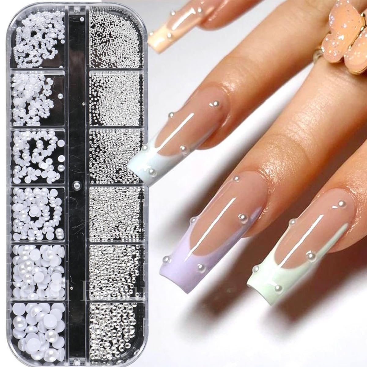 Стразы для ногтей 1 Box/12 Grid, белые бусины для ногтей, полукруглые жемчужные шарики, украшения для ногтей, маленькие бусины из нержавеющей стали, икорные бусины, белые плоские бусины для ногтей/DIY, фото №1