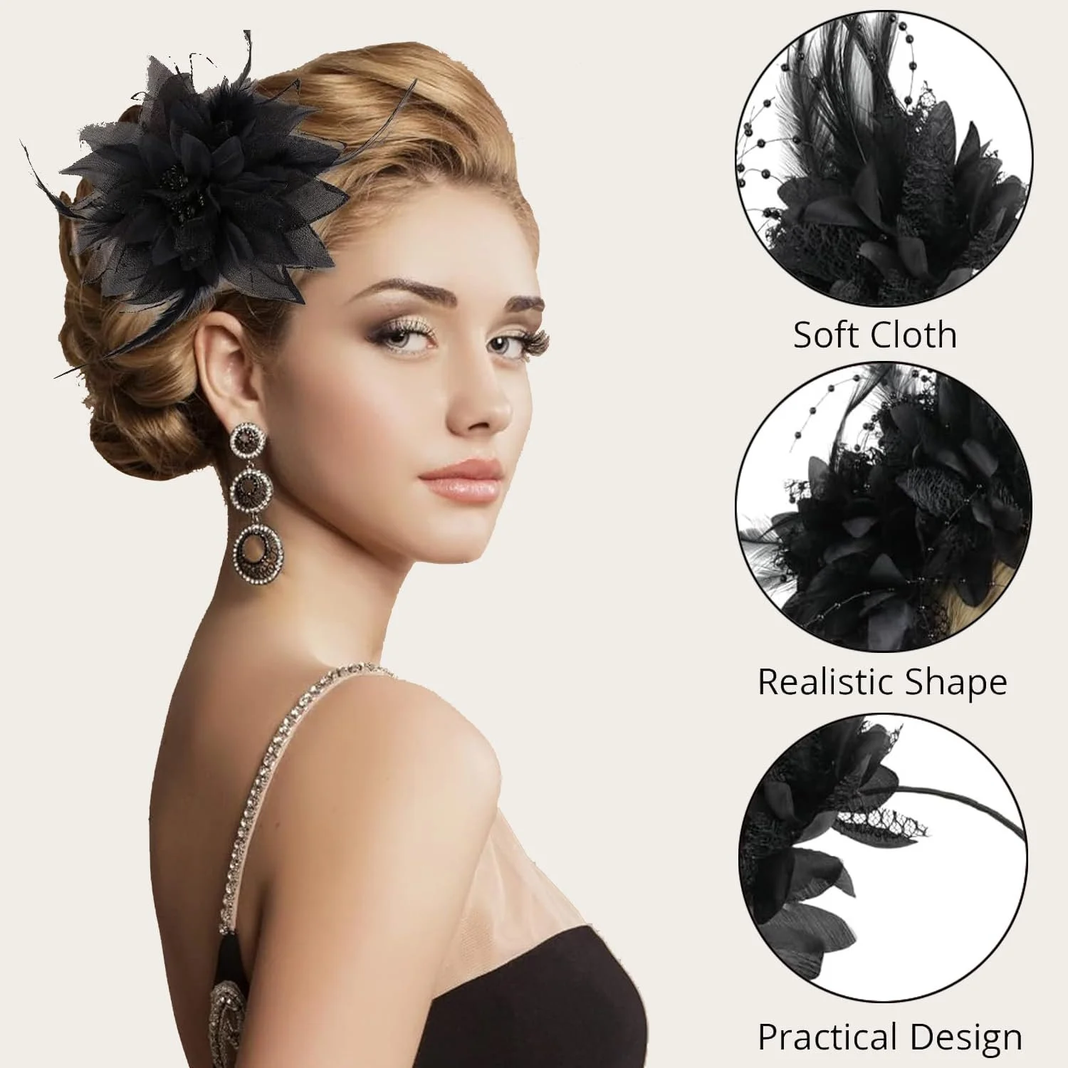 Обруч-федора з бісером і пір'ям Fascinator для жінок, фото №3