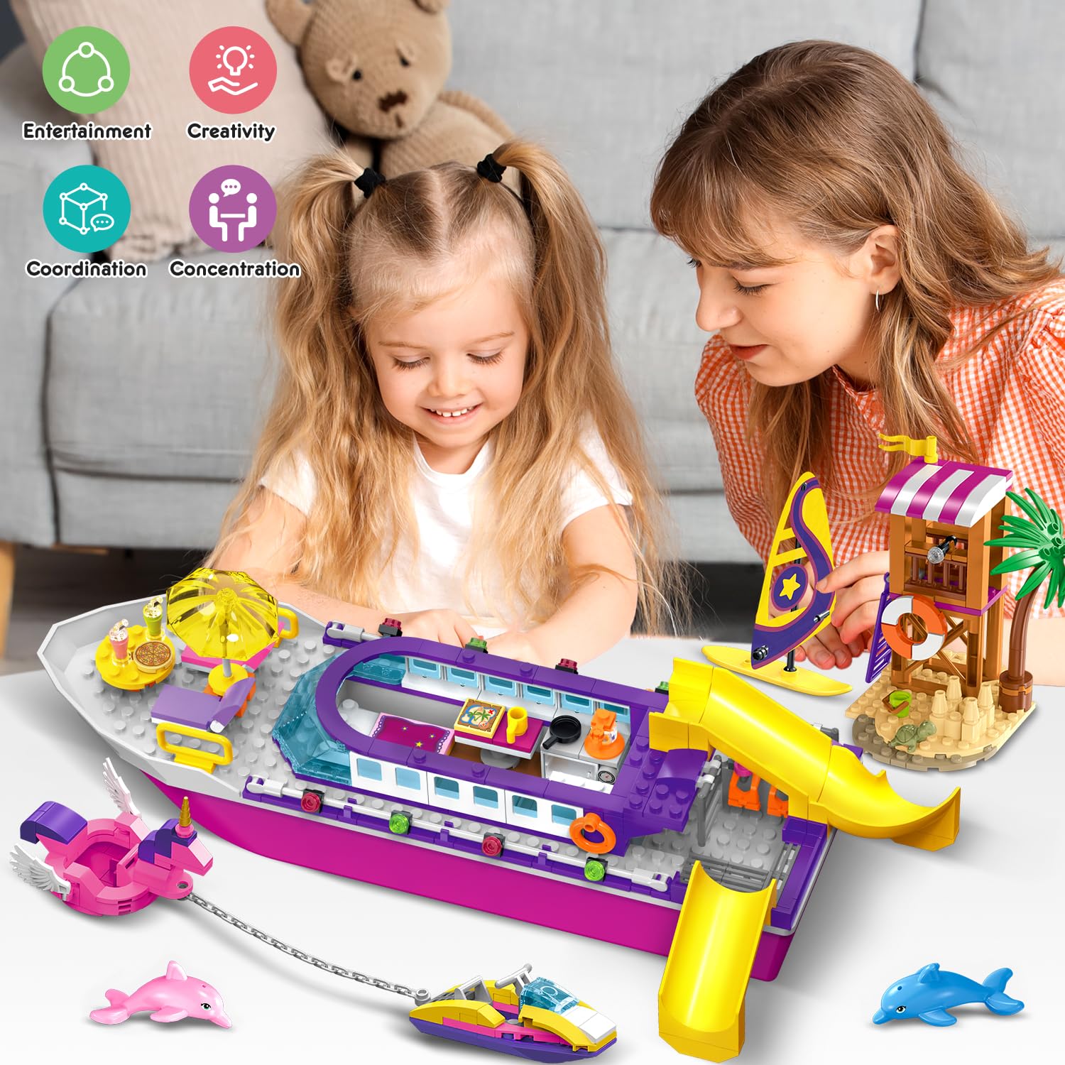 HOGOKIDS Набор для сборки лодки с LED-подсветкой Круизный корабль с водным скутером, дельфином 501 штука, фото №6