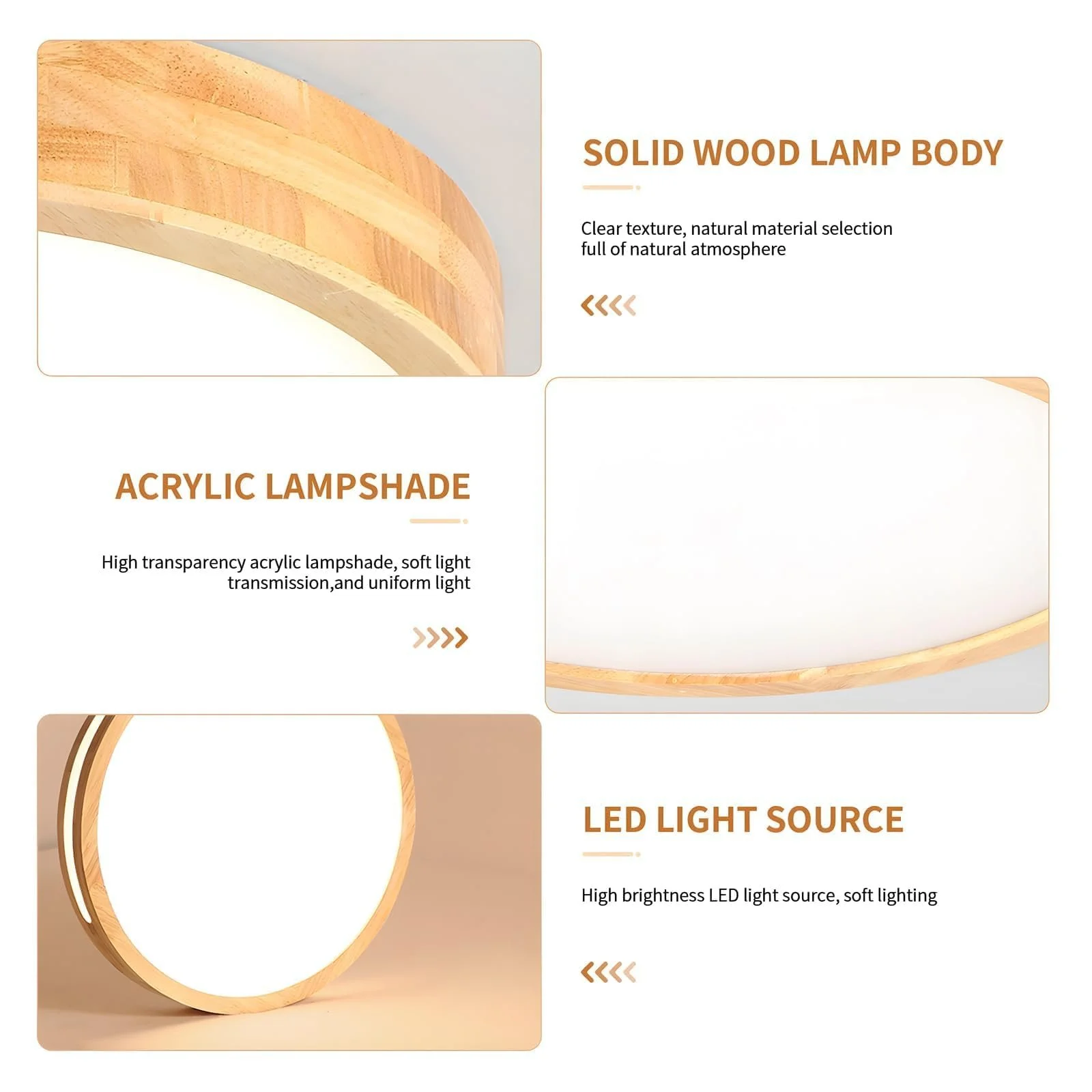 Світильник LED YYUTLUO Круглий Дерев'яний Нейтрально-білий 4500 K 1620 lm 18 Вт Діаметр 30 см, фото №6