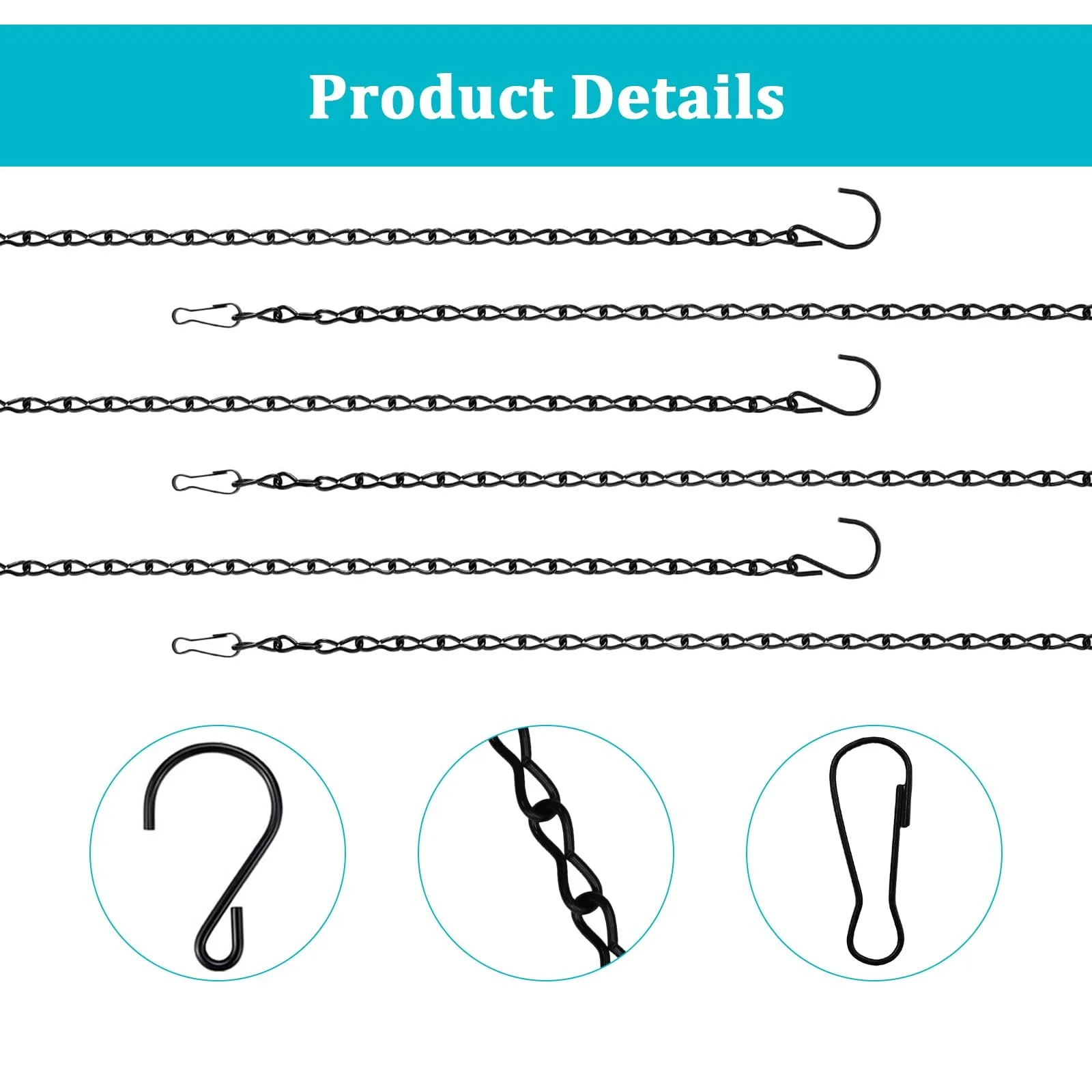 Ланцюжки для підвісних кошиків 8 шт. Метал 50 см Чорний З гачками та затискачами, фото №3