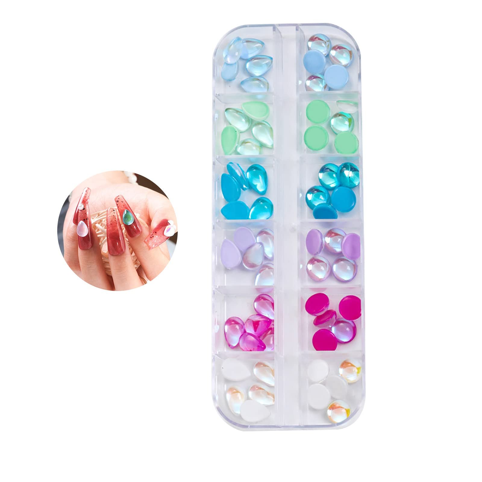 Стразы для ногтей Плоские 12 ячеек, смешанные, шлифованное стекло в коробке, простые, поверхностные, каплевидные, гладкая поверхность, круглая форма, многоцветные, фото №1