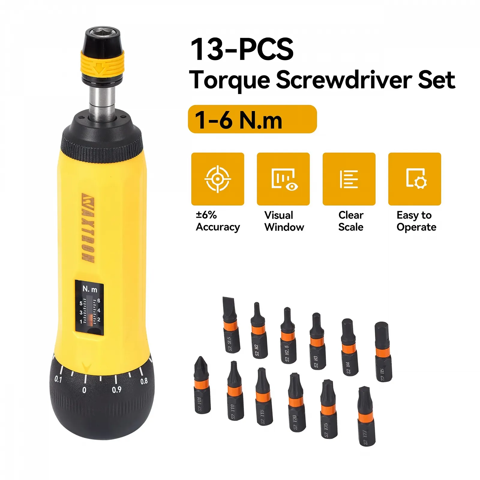 Динамометрична викрутка 1/4 дюйма 1-6 Нм набір біт 13 предметів сталь S2, фото №4