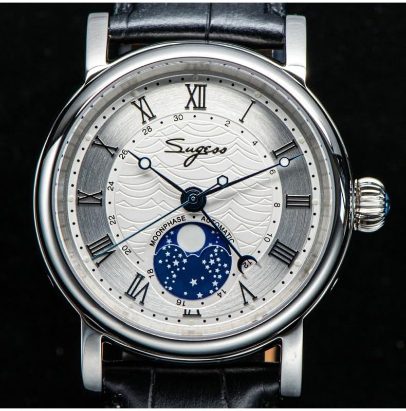 Часы Seestern Sugess Moon Phase Mechanical Steel Leather Мужские Сапфир Черный Белый Кожаный Ремешок, фото №2