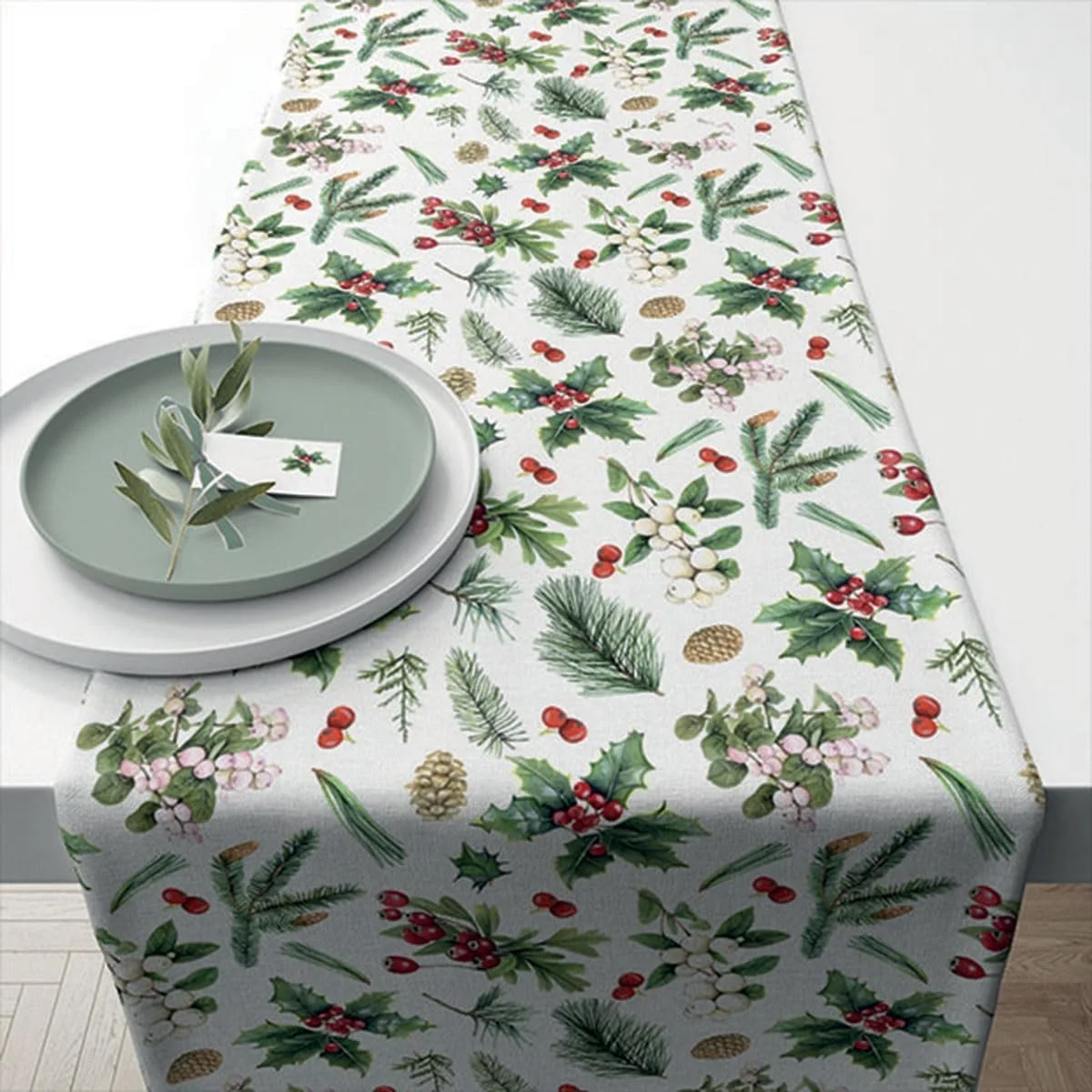 Ранер на стіл Ambiente Winter Greenery Ilex Branches and Berries 100% бавовна Білий 40 x 150 см, фото №2