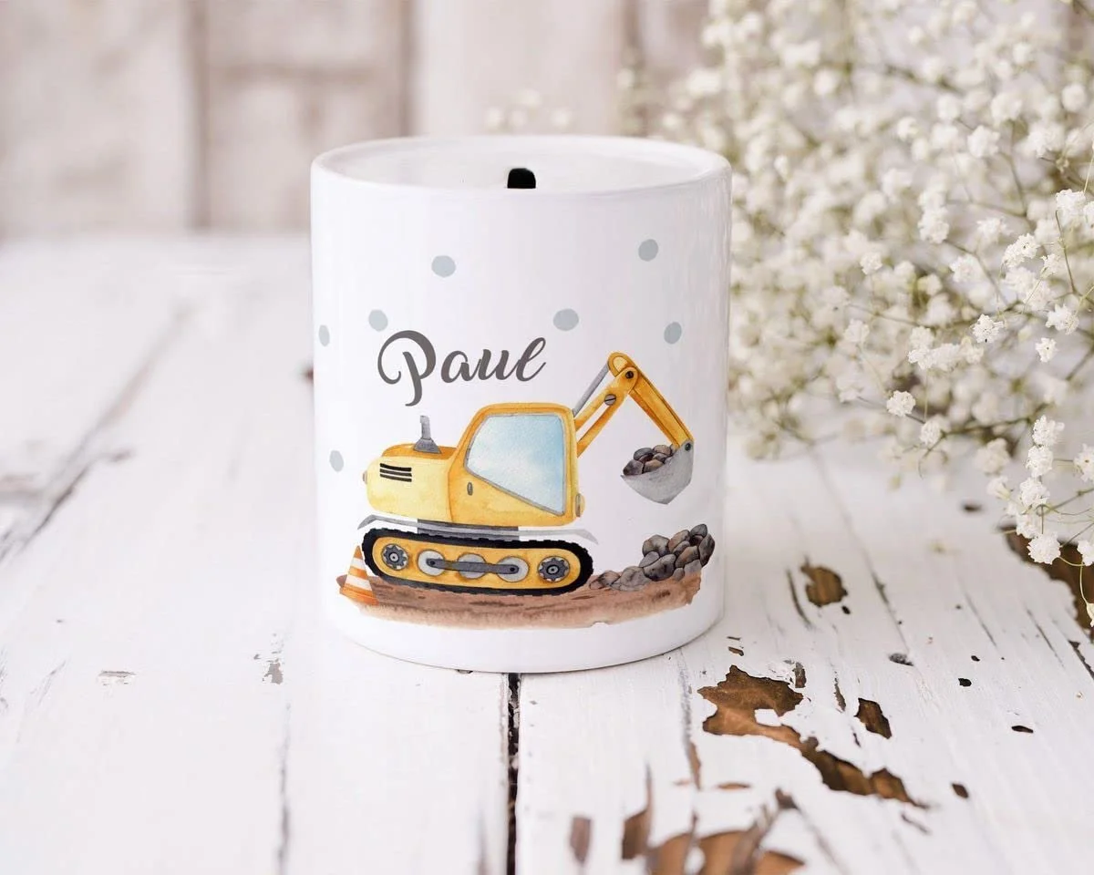 Скарбничка MIKALINO Excavator Екскаватор Керамічна Біла з ім'ям, фото №4