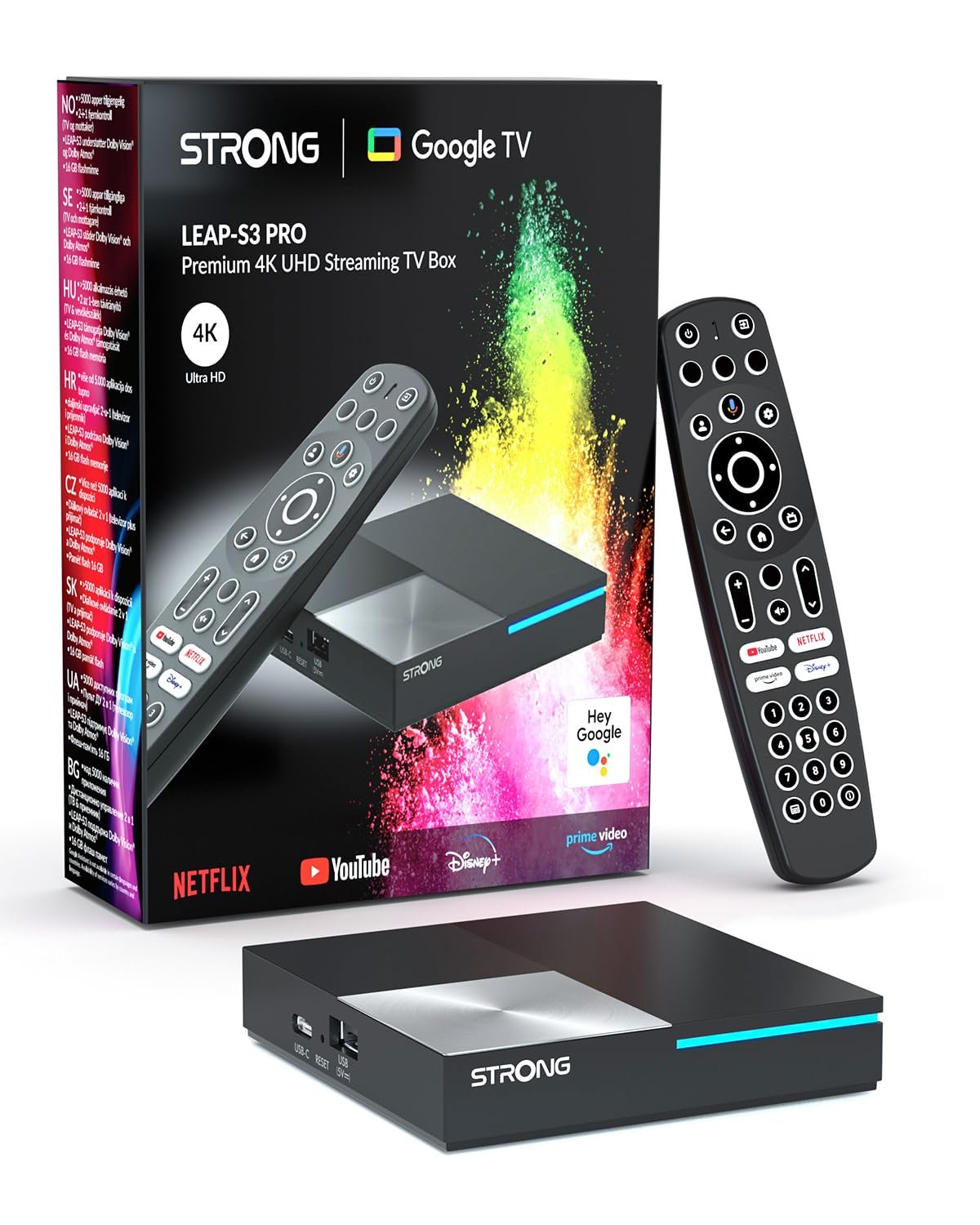 Медиаплеер STRONG Leap-S3 Pro 4K UHD Google TV с портом Ethernet, Android 12, 4 ГБ RAM + 32 ГБ памяти, Wi-Fi 6, встроенный Chromecast, голосовое управление Google, Dolby Atmos и Dolby Vision, фото №1