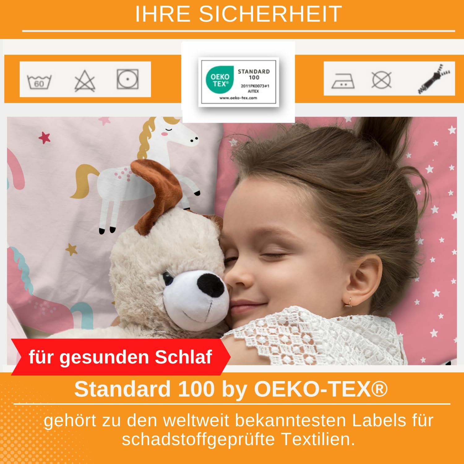 Детское постельное белье Aminata kids 135 x 200 см, рисунок единорога, хлопок, на молнии, розовый/радуга, фото №3
