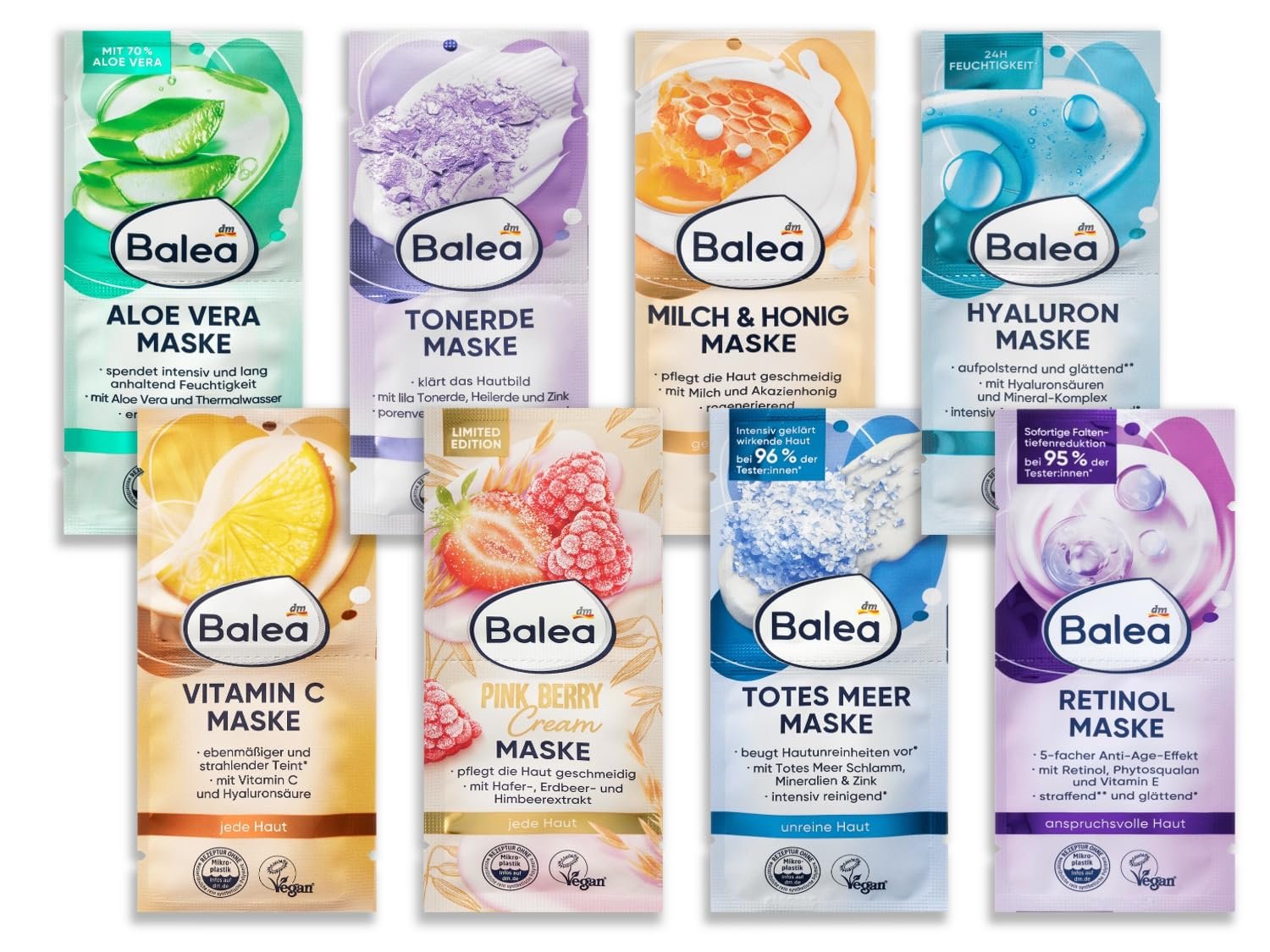 Набір масок Balea з 16 масок, набір зразків 8 різних масок для обличчя, гіалурон, вітамін C, фото №1