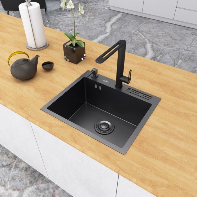 Чорна кухонна мийка 45 см накладна з нержавіючої сталі Nett NВ-5245, фото №1 Чорна кухонна мийка 45 см накладна з нержавіючої сталі Nett NВ-5245, фото №1
