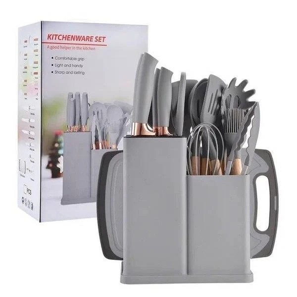 Набор кухонных принадлежностей на подставке TS Kitchen 19 штук из силикона с бамбуковой ручкой Серый, фото №1