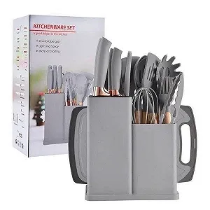 Набор кухонных принадлежностей на подставке TS Kitchen 19 штук из силикона с бамбуковой ручкой Серый - Фото 1