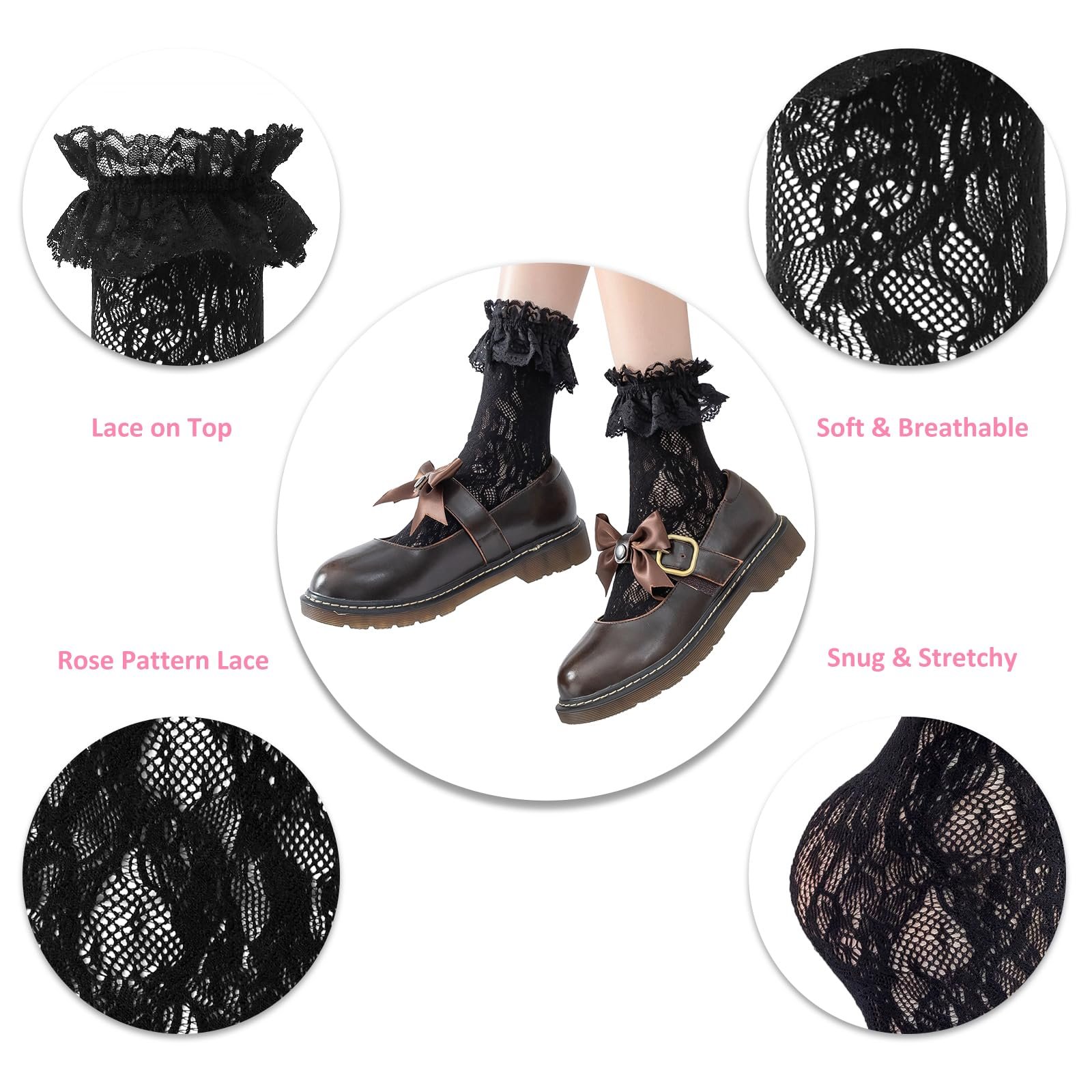 Носки LittleForBig Crew с кружевными оборками Roze/Heart Pattern (3 пары) - Черный, Белый и Бежевый, фото №3