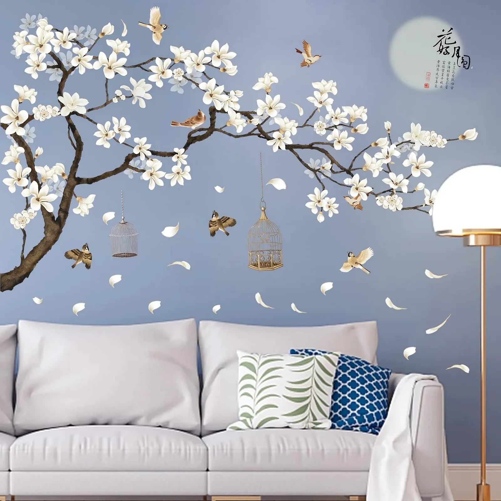 Наклейки на стіну HANLONGYU Квіти Дерево Птахи 127 x 188 см Білий, фото №1