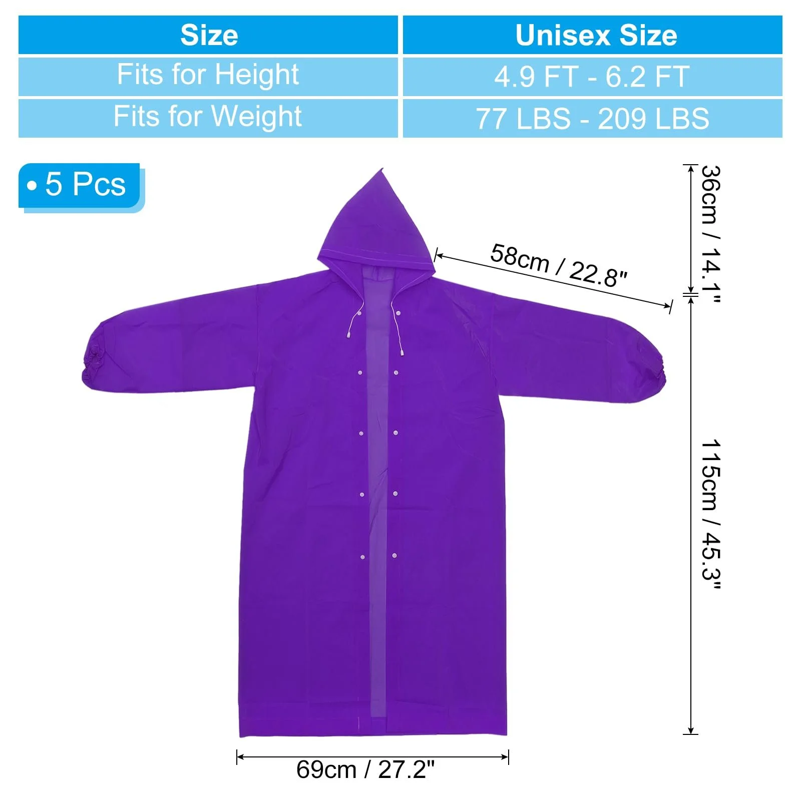 Пончо дощове PATIKIL, 5 шт, легке, багаторазове, EVA, для дорослих, для велоспорту, піших прогулянок, активного відпочинку, фіолетове, фото №2