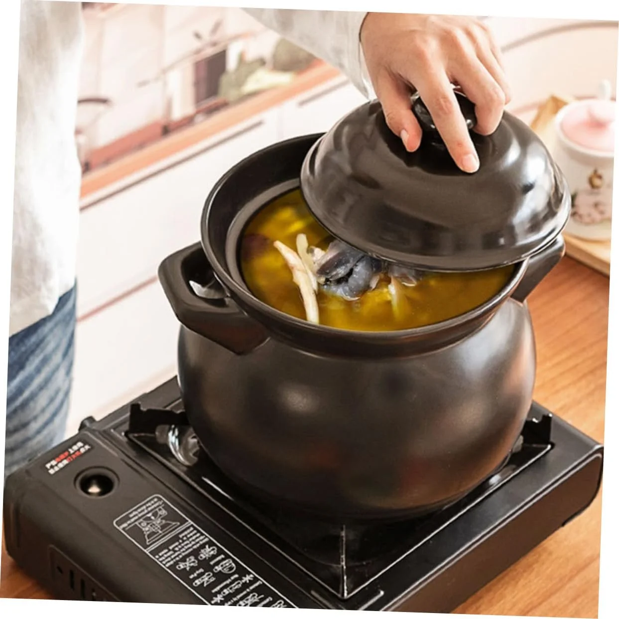 Кастрюля керамическая VALICLUD Ceramic Casserole термостойкая для тушеной курицы и риса черная, фото №4