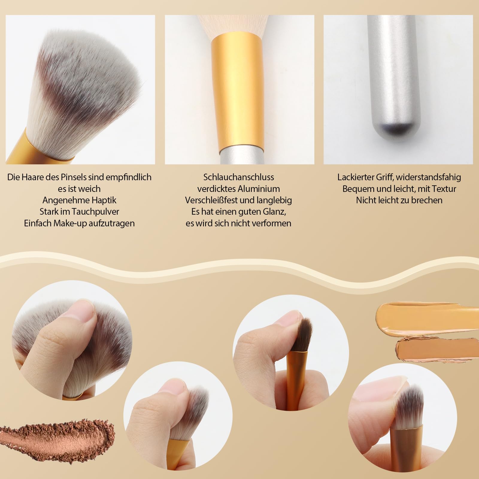 Набір пензликів ZOCONE Professional 12 штук для макіяжу з очищувальним яйцем і спонжем у бежевому чохлі, фото №3