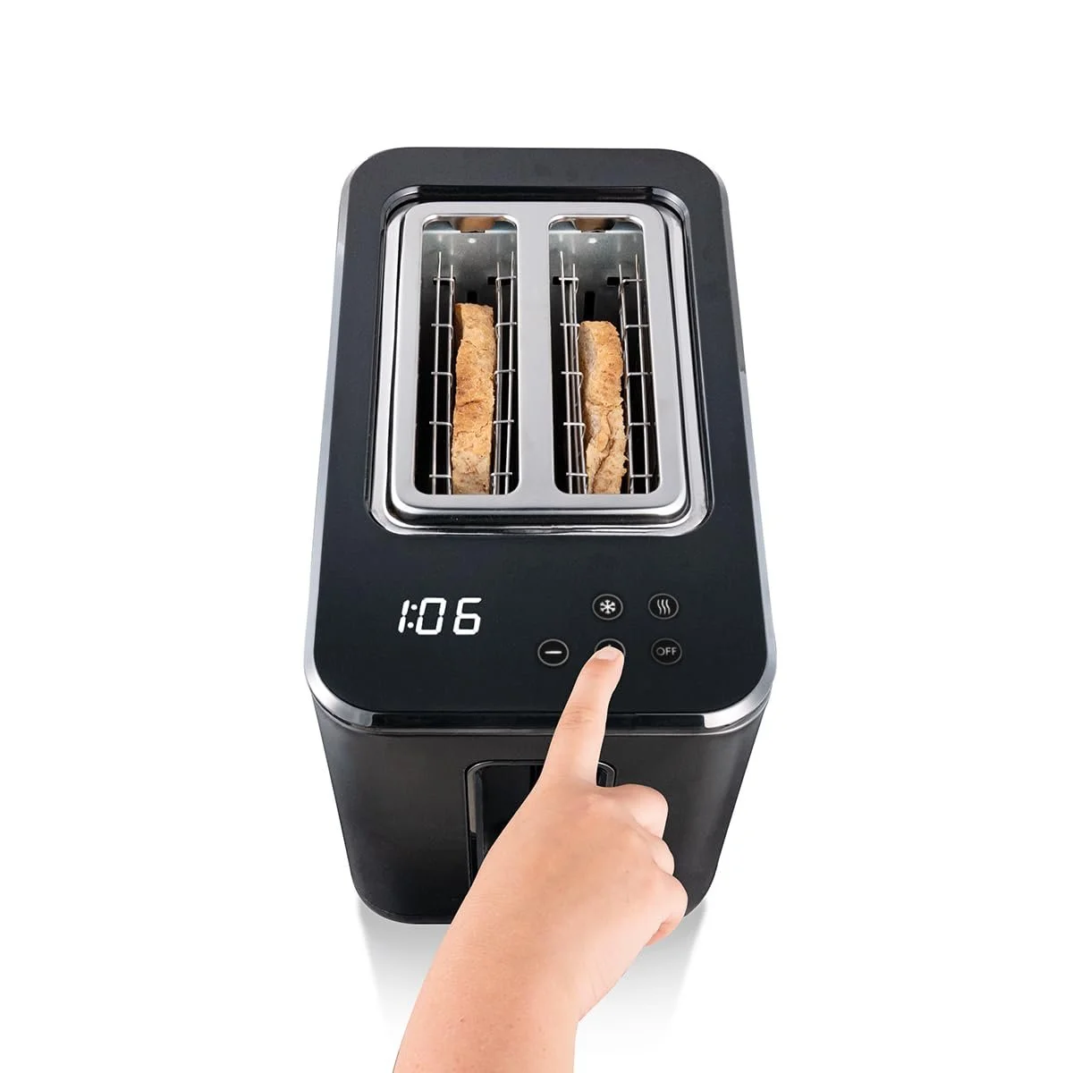Тостер цифровий Cloer на 2 скибки 3930, сенсорна функція, 750-900 Вт, індикація залишкового часу, функція розморожування, функція підігріву, насадка для булочок, 7 рівнів підсмажування, висувний піддон для крихт, чорний, фото №6