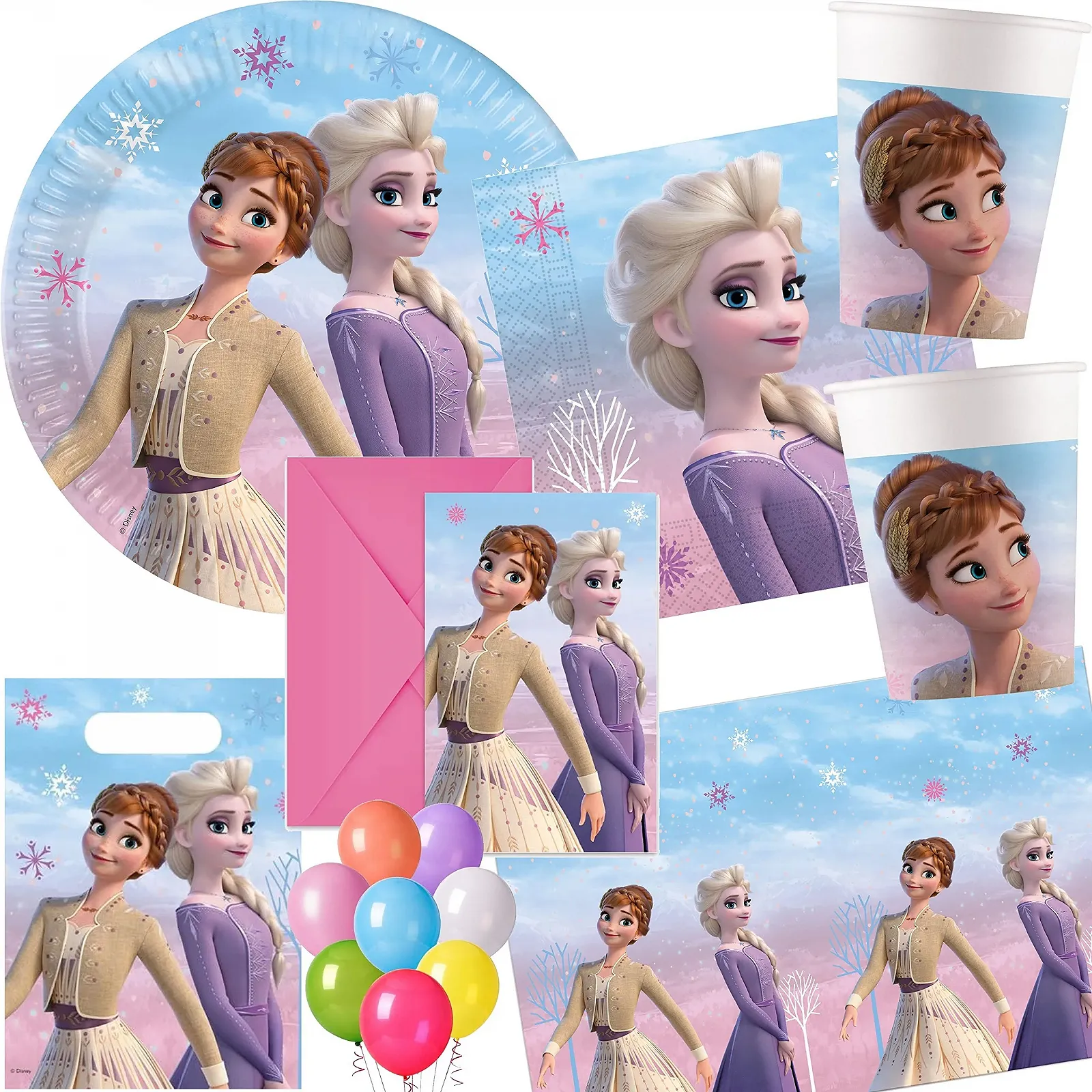 Набір посуду для вечірки Крижаний Вітер, тарілки, стакани, серветки, запрошення, скатертина, пакети для подарунків, серпантин, повітряні кульки, фото №1