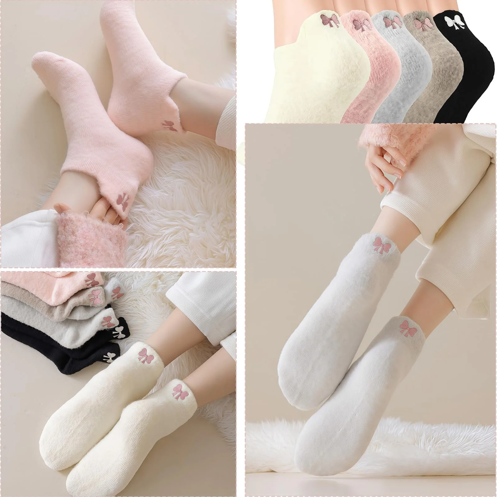 Шкарпетки з бантом для жінок (5 пар) Зимові м'які шкарпетки-капці, фото №5