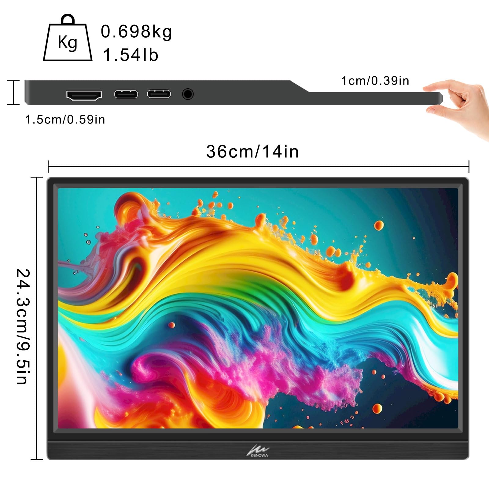 Портативний монітор Kenowa 16 дюймів FHD 1920 x 1200P IPS екран HDR 350 ніт 16:10 з HDMI Type C Чорний, фото №5