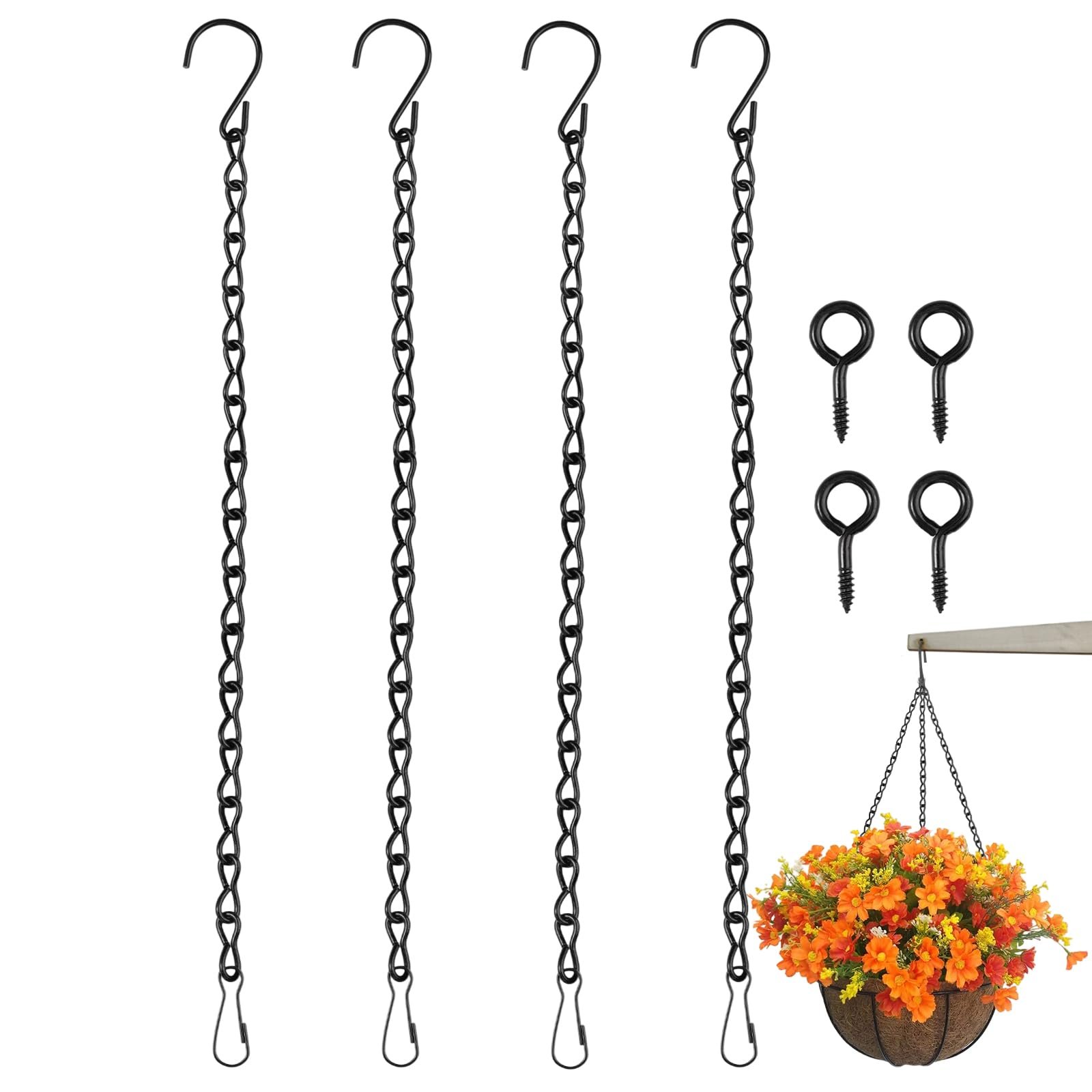 Ланцюги для підвісних кошиків 4 шт. Металеві 50 см з гачками та карабінами Чорні, фото №1 Ланцюги для підвісних кошиків 4 шт. Металеві 50 см з гачками та карабінами Чорні, фото №1