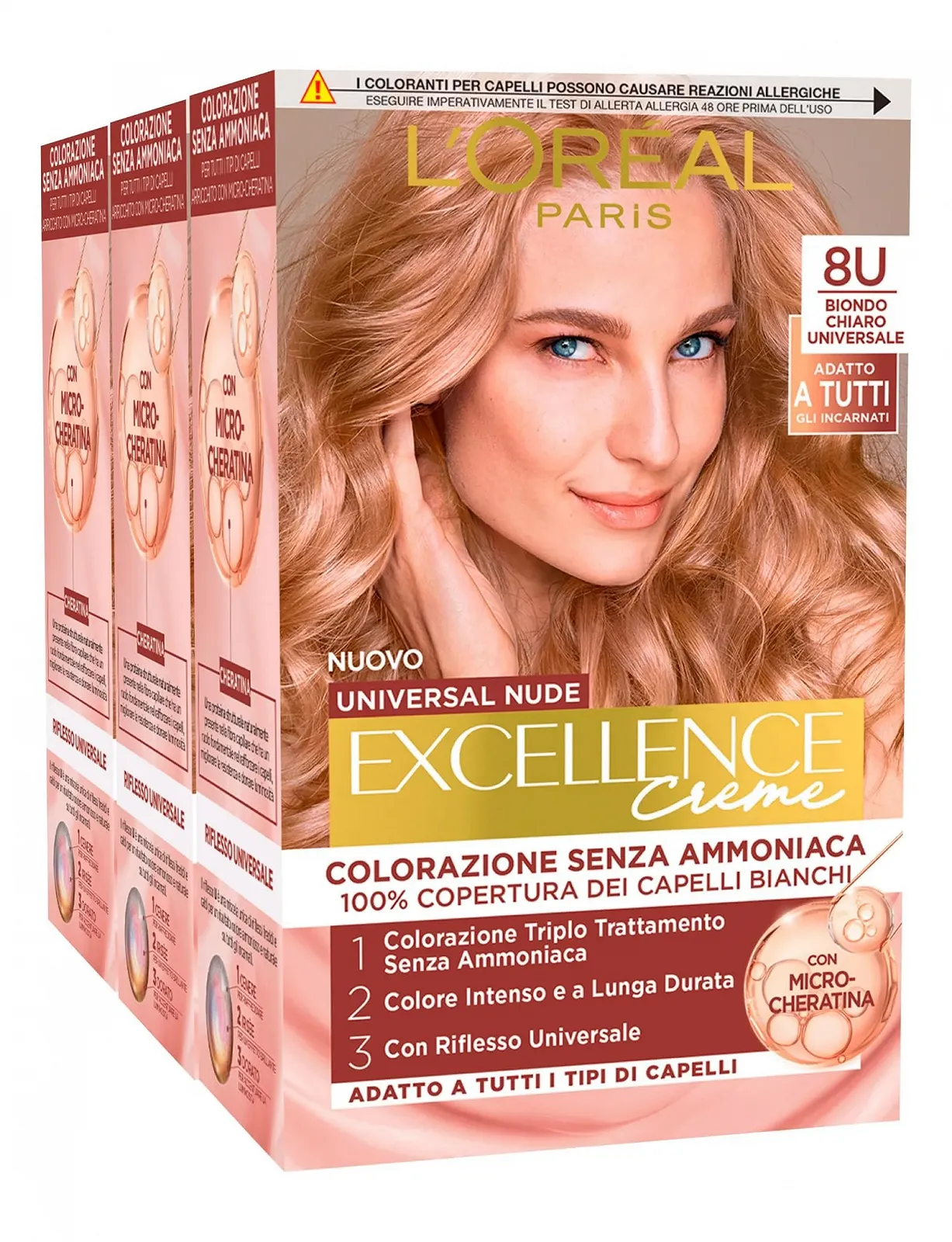 Фарба для волосся L'Oréal Paris Excellence Cream Permanent Universal Nude Light Blonde 8U, 3 кольори, фото №1 Фарба для волосся L'Oréal Paris Excellence Cream Permanent Universal Nude Light Blonde 8U, 3 кольори, фото №1