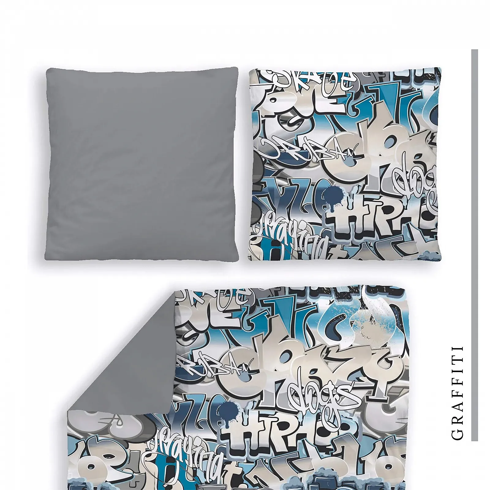 Комплект постільної білизни termana Graffiti 135x200 см 100% бавовна з блискавкою 3D синьо-сірий, фото №4