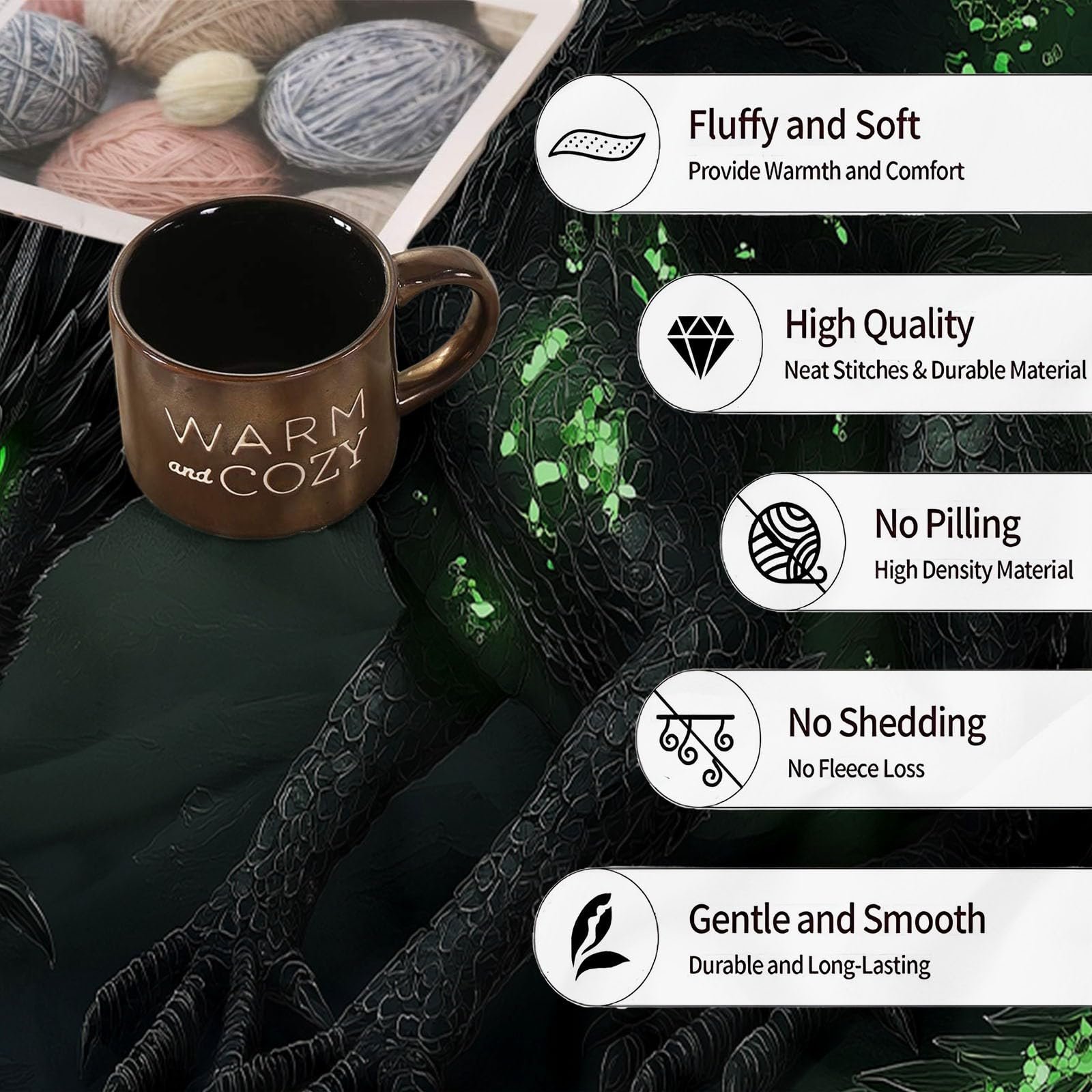 Одеяло Фланелевое Мягкое, Абстрактный Неоновый Дракон, 220 x 240 см, Зеленый, Черный, фото №7