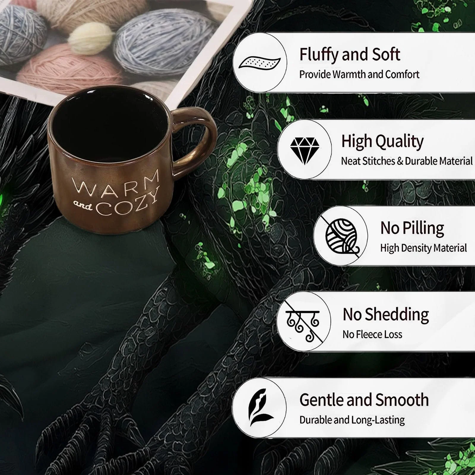 Покривало Фланелева М'яка, Абстрактний Неоновий Дракон, 220 x 240 см, Зелений, Чорний, фото №7