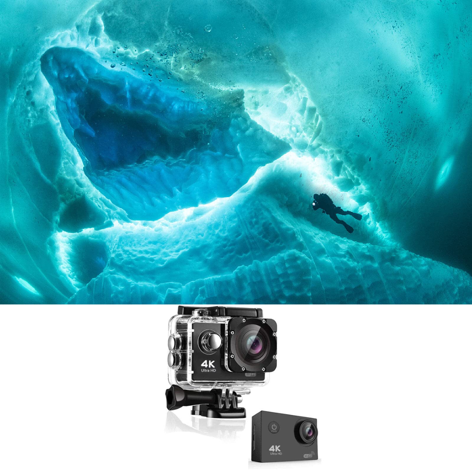 Камера YOPOTIKA Action 4K WiFi 170 градусов Широкоугольная Ultra HD Водонепроницаемая 30 м, фото №2