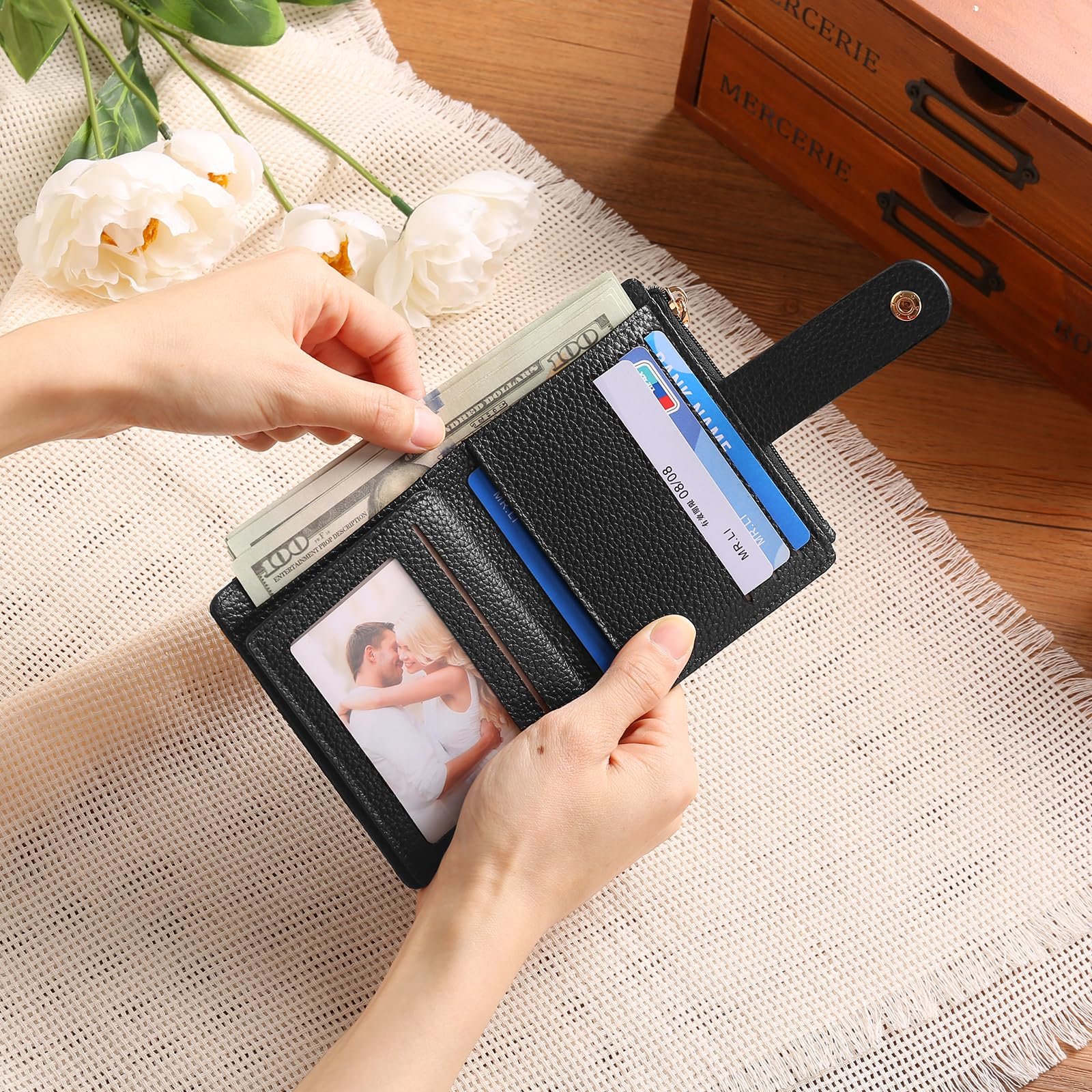 Кошелек GOIACII Женский Маленький Кожаный RFID Блокировка Тонкий Кошелек Малого и Короткого Формата для Женщин с Отделением на Молнии для Монет, A01-черный, Минималистичный, фото №5