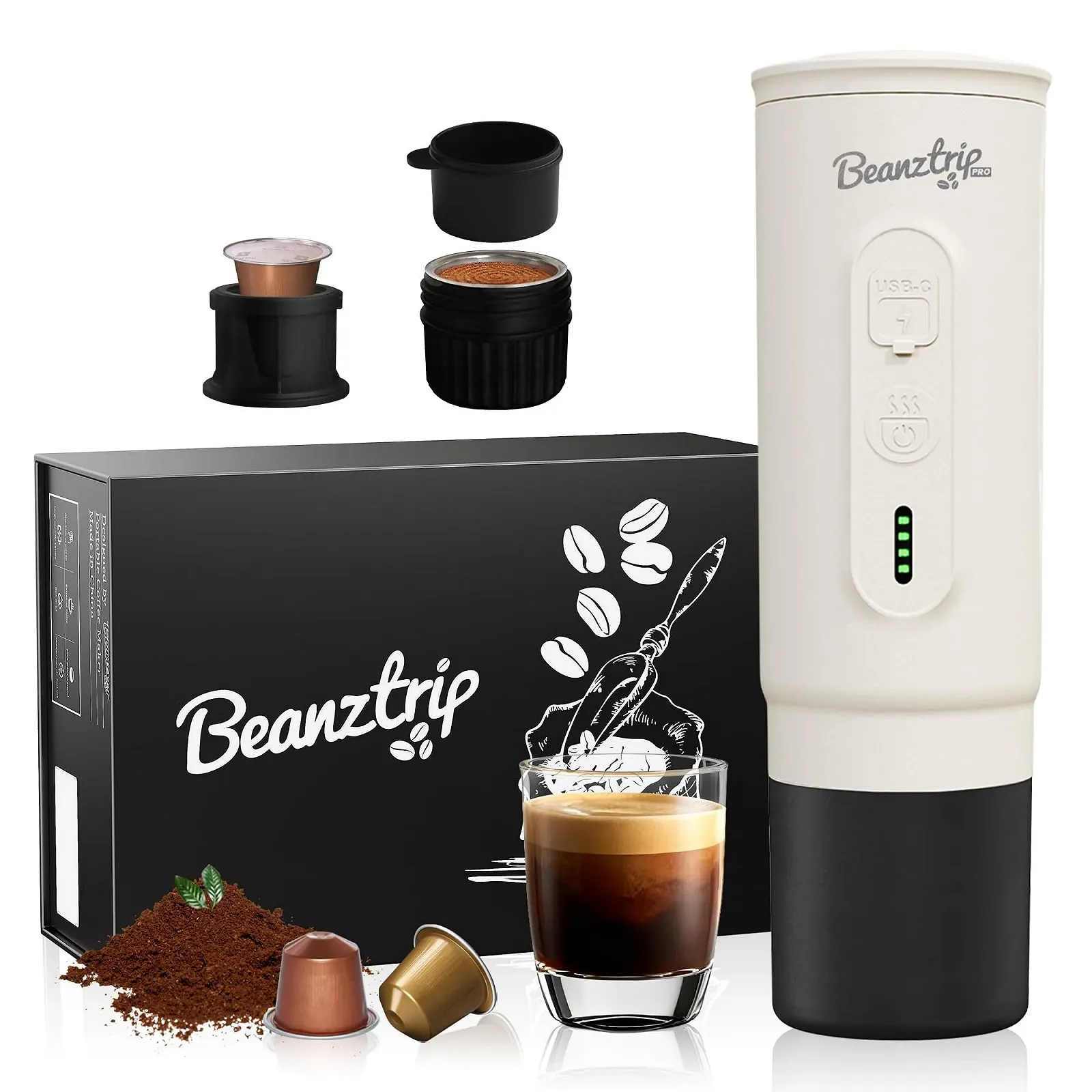 Портативная электрическая эспрессо-кофеварка Beantrip для молотого кофе и капсул NS с USB-C и самонагревом Белая, фото №1